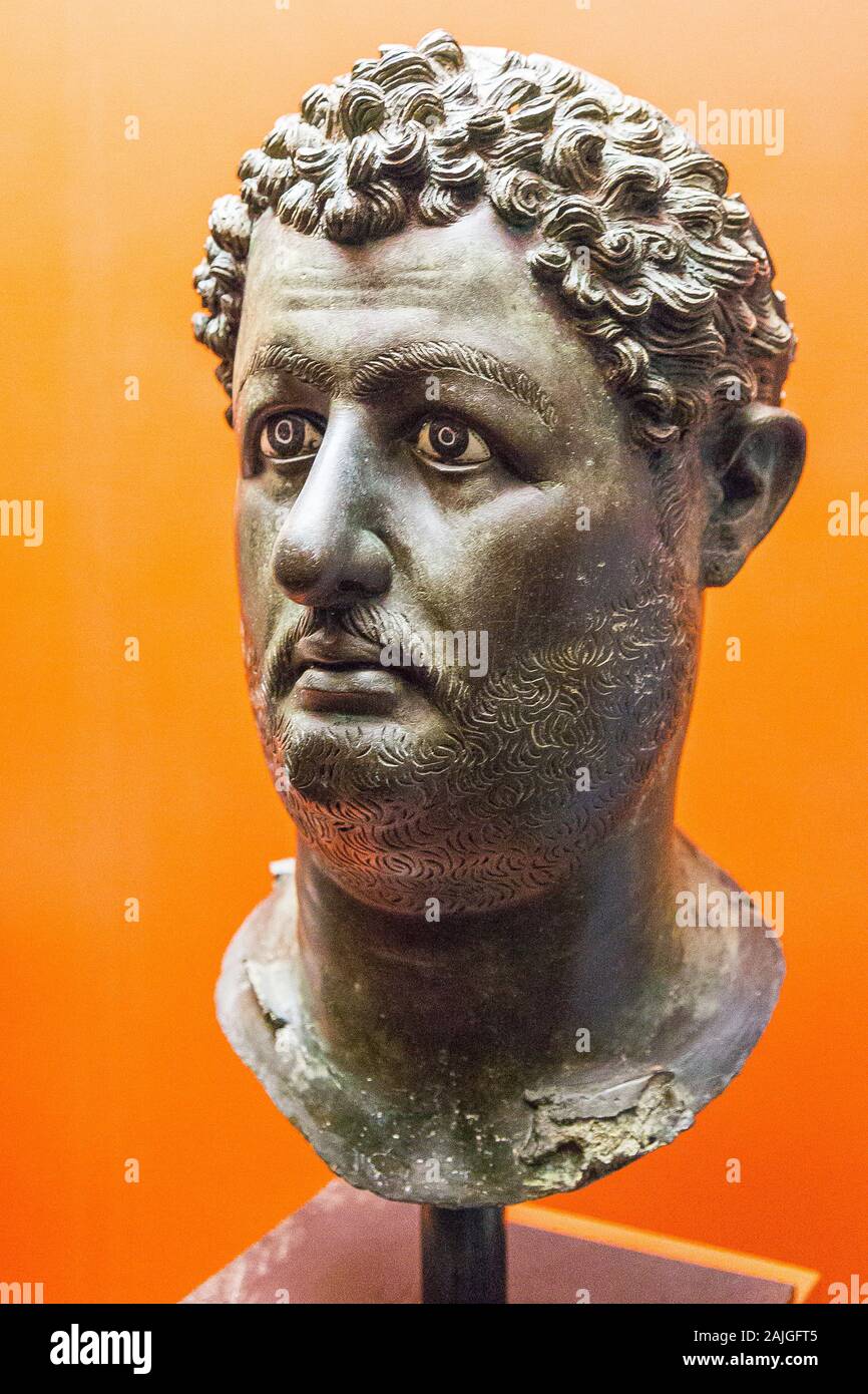 Photo taken during the opening visit of the exhibition “Osiris, Egypt's Sunken Mysteries”. Head of emperor Hadrian. Stock Photo