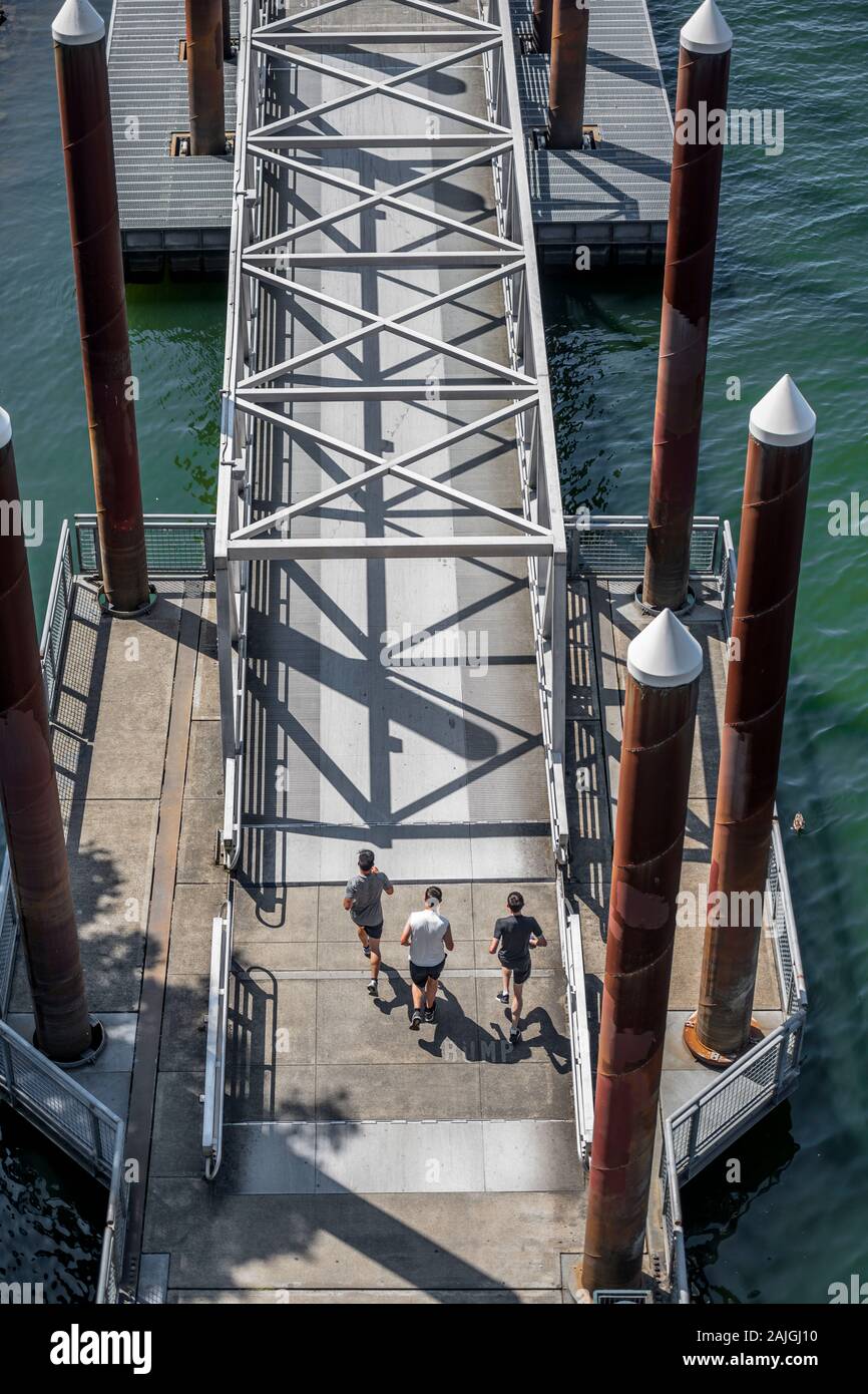 Three men are engaged in amateur sports running using a compact bridge connecting two parts of a floating dock on the river as a running shake, prefer Stock Photo