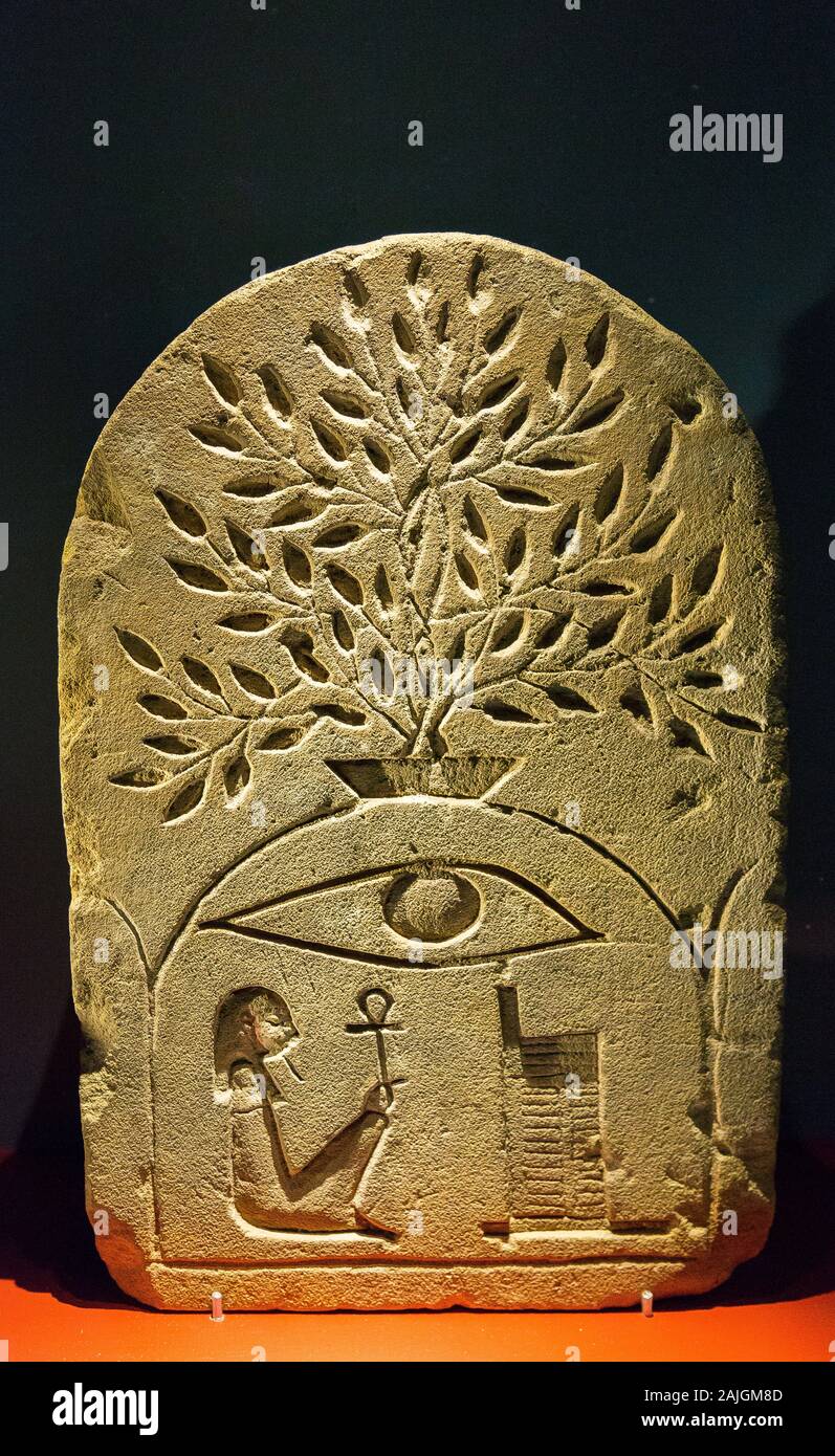 Opening visit of the exhibition “Osiris, Egypt's Sunken Mysteries”. Egypt, Cairo, Egyptian Museum, stela found in Karnak, the mound of Osiris. Stock Photo