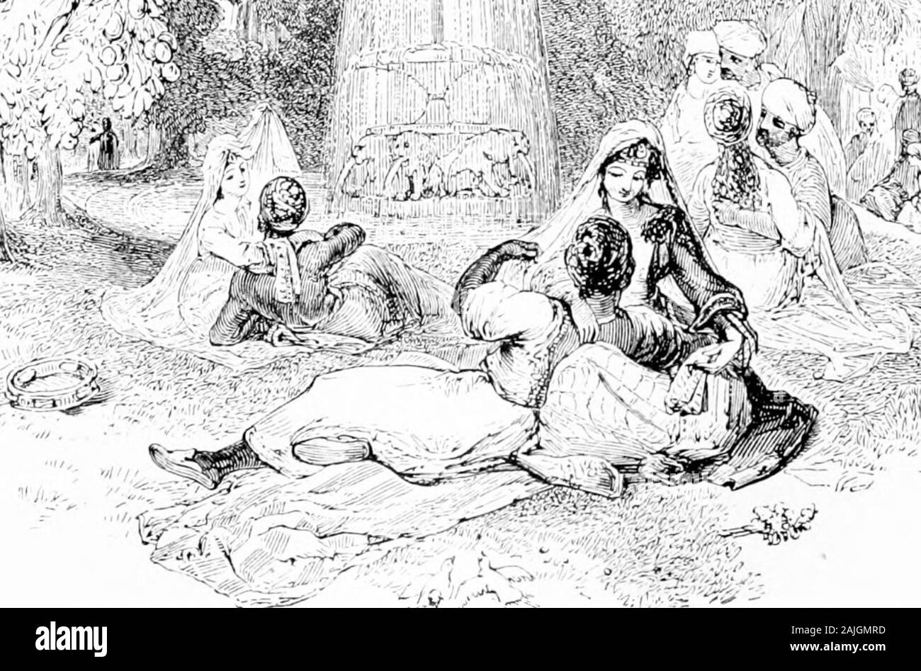 The thousand and one nights (Volume 1): commonly called, in England, the Arabian nights' entertainments . he disguised himself, and returned to his brother in thepalace, and sat in one of the windows overlooking the garden; andwhen he had been there a short time, the women and their mistressentered the garden with the black slaves, and did as his brother haddescribed, continuing so until the hour of the afternoon-prayer. When King Shahriyar beheld this occurrence, reason fled from hishead, and he said to his brother Shah-Zemiin, Arise, and let us travelwhither we please, and renounce the regal Stock Photo