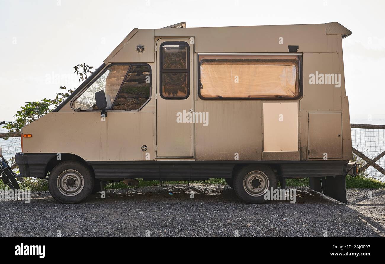 Ancient motor home, vintage recreational vehicle Stock Photo