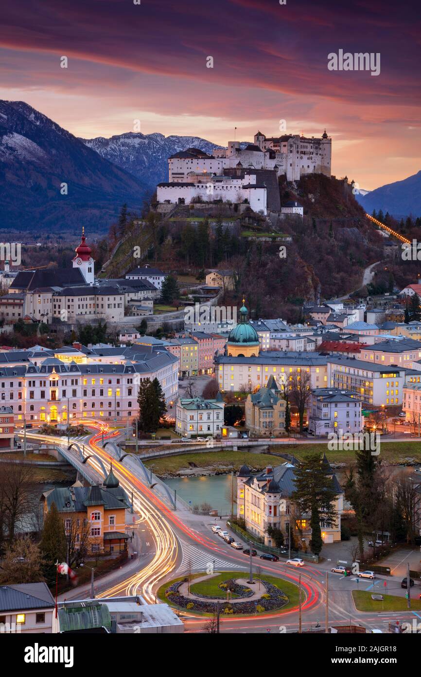 Salzburg, Austria. Cityscape image of the Salzburg, Austria with Hohensalzburg Fortress during beautiful winter sunrise. Stock Photo
