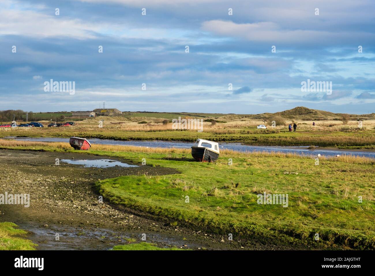 Afon Ffraw river estuary at low tide. Aberffraw, Isle of Anglesey, north Wales, UK, Britain Stock Photo