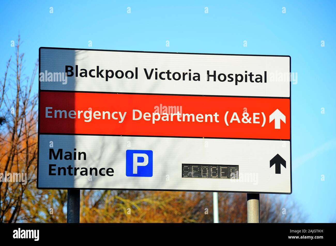 Blackpool Victoria Hospital Emergency Department road traffic direction  sign Stock Photo