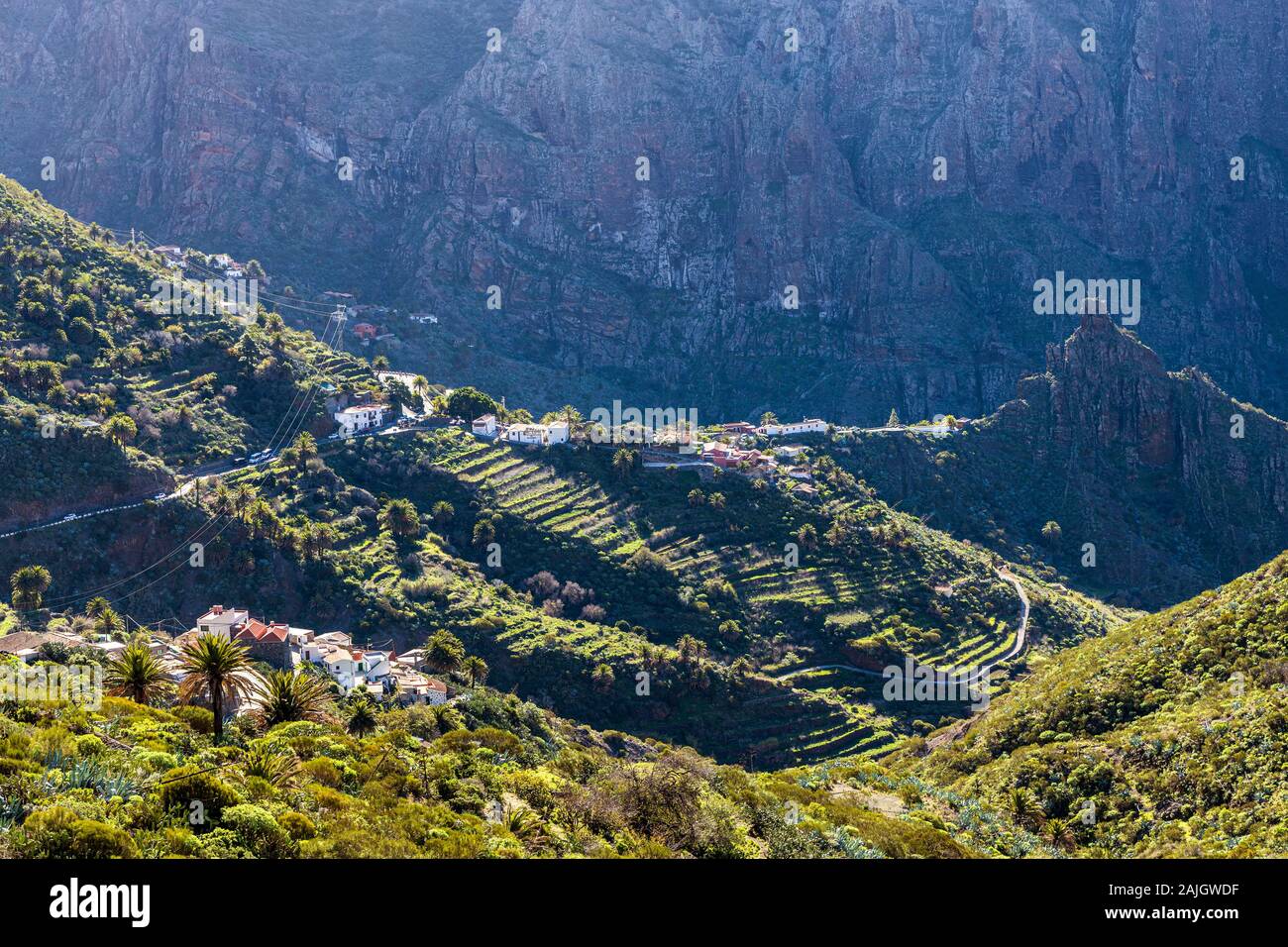 Overlooking Masca village and barranco, gorge, from the Mirador de Hilda, viewpoint, Tenerife, Canary Islands, Spain Stock Photo