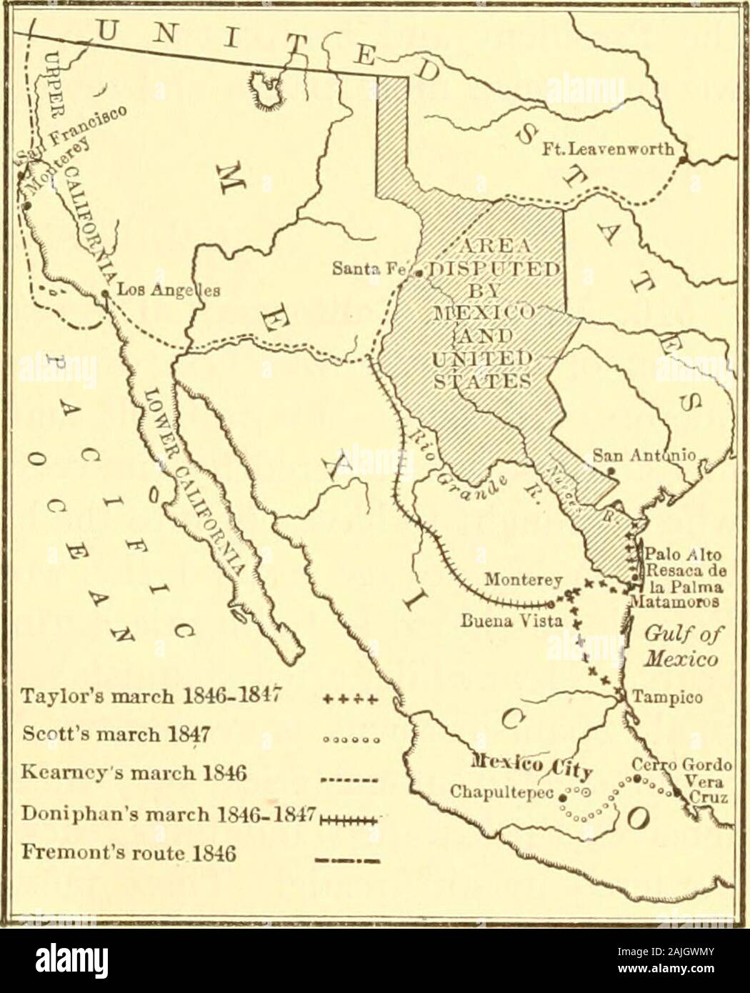 An American history . by fixing the boundary atthe forty-ninth parallel. Congress advised Polk to acceptthe compromise, and by a treaty drawn up in June, 1846,the long dispute wasfinally settled.^ 515. The MexicanWar. Turning uponMexico, the Ameri-cans now demon-strated their instinc-tive military talent.Taylors campaign innorthern Mexico isone of the most bril-liant episodes in ourmihtary annals. Hewas uniformly suc-cessful againstgreatly superior num-bers. The climax ofhis advance was acrushing defeat ofthe Mexicans in thehard-fought battle of Buena Vista, February 22-23, 1847. Equally remar Stock Photo