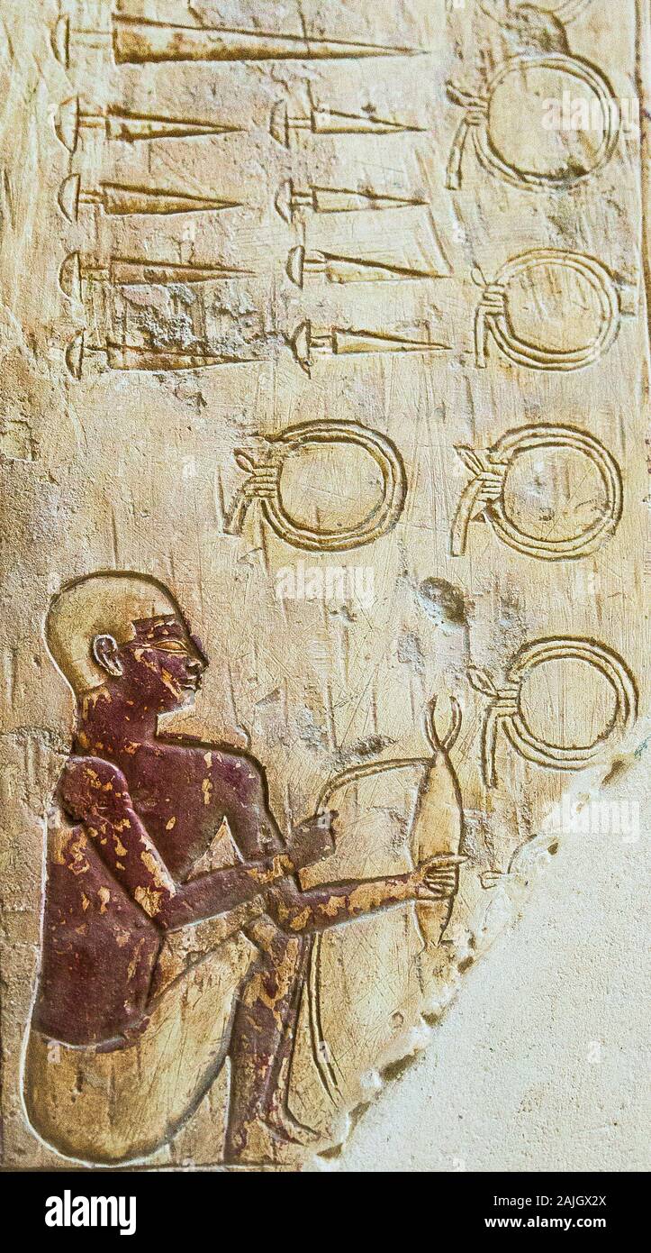 UNESCO World Heritage, Thebes in Egypt, Assassif (part of the Valley of the Nobles), tomb of Pabasa. Rare scene of spinning. Stock Photo