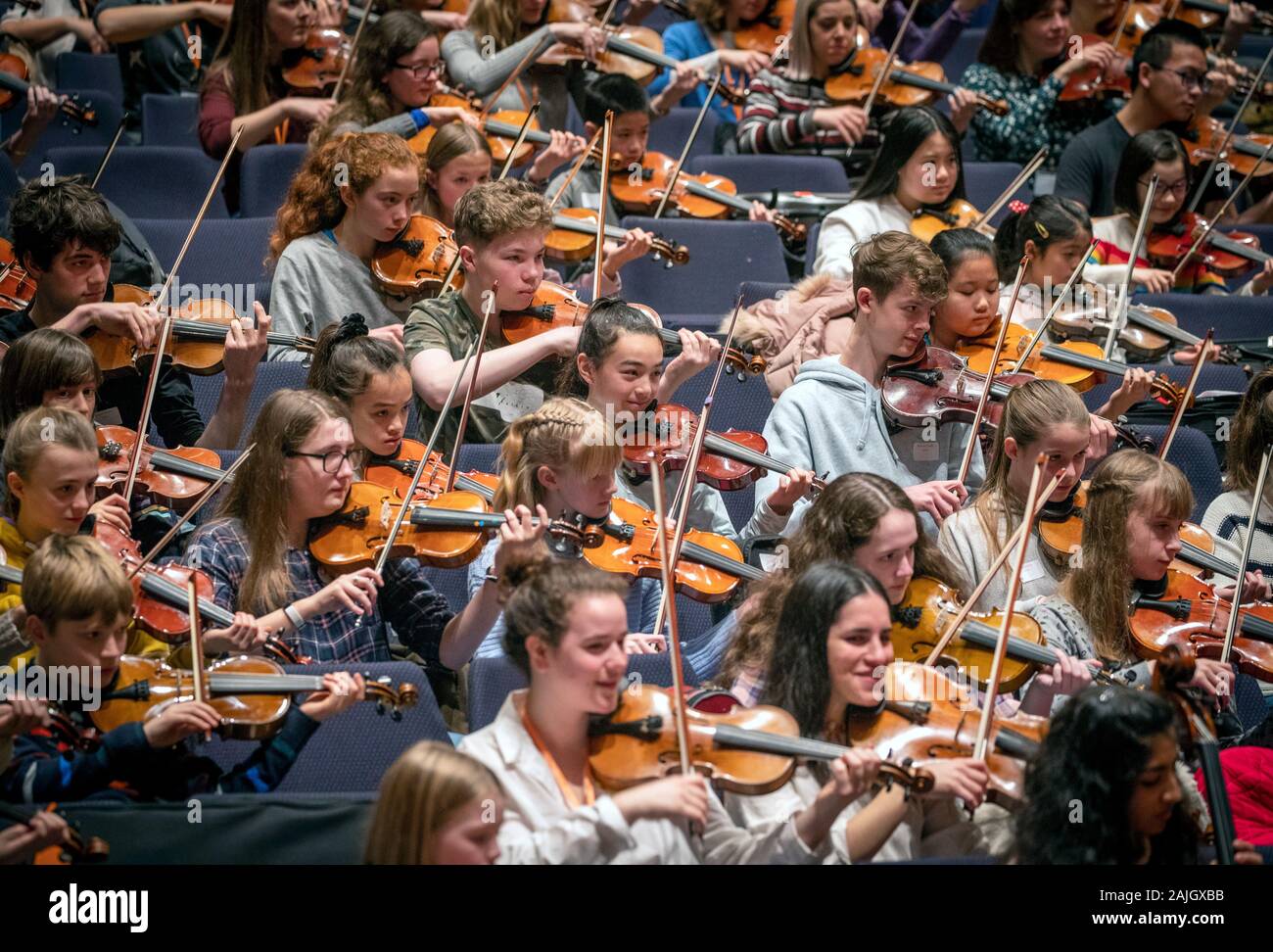Some of the 350 young musicians at the first Benedetti Sessions play alongside violinist Nicola Benedetti and the Benedetti Foundation tutors and ambassadors at the Royal Concert Hall, Glasgow. Stock Photo