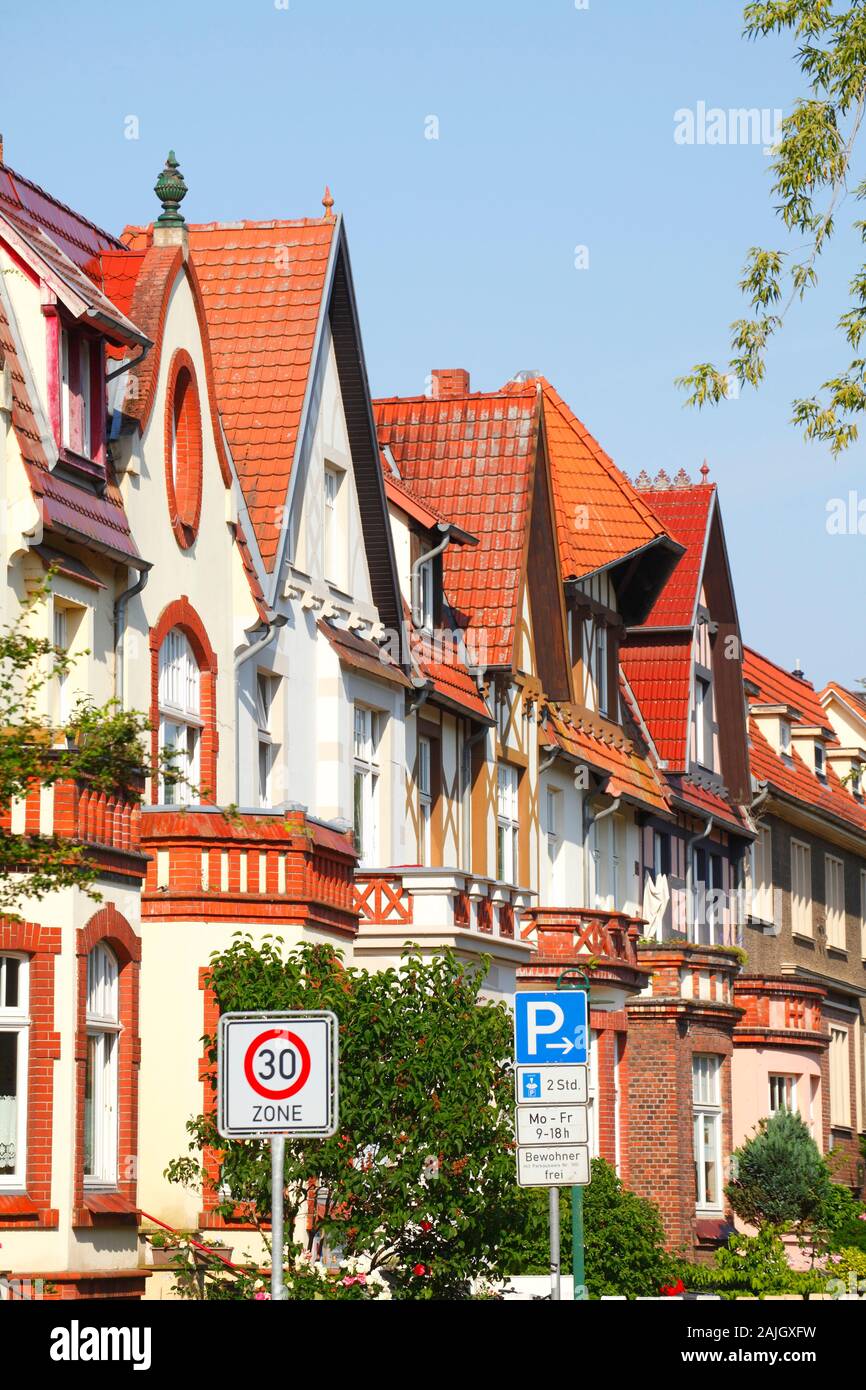 Old residential buildings, Tempo 30 Zone, Güstrow, Mecklenburg-West Pomerania, Germany, Europe Stock Photo
