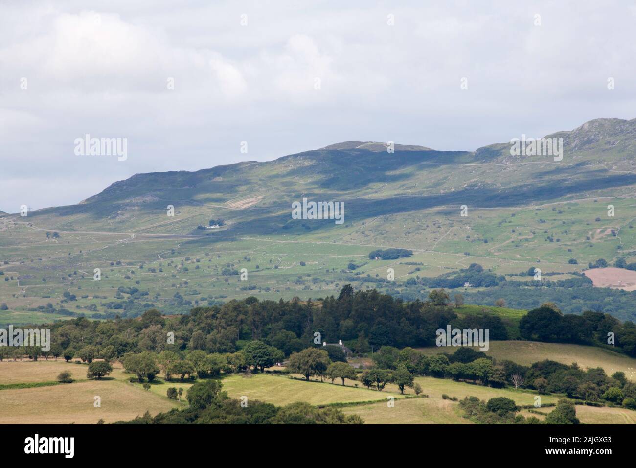Tal-y-Fan rising above the village of Roewen  across the Vale of Conwy  Snowdonia  a summer morning near the village of Eglwysbach Conwy North Wales Stock Photo