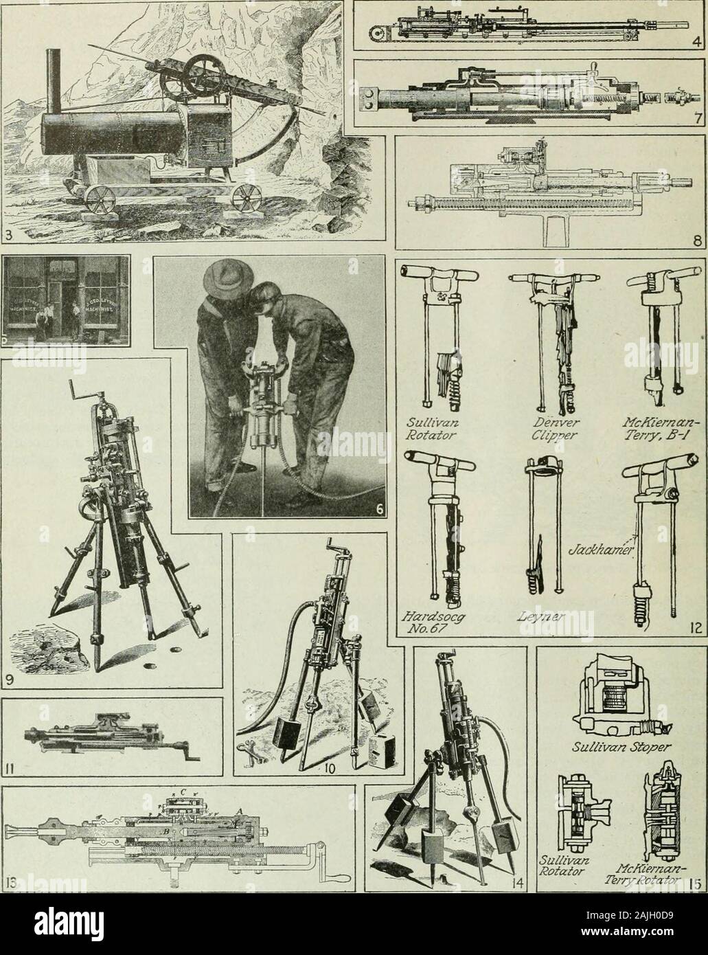 E/MJ : engineering and mining journal . FIG. 2 MINER WITH SINGLE-JACK AND STEEL involved in the primitive method of single-jack andsteel. There is no questioning the debt which the miningindusti-y owes to the invention of the reciprocatingtype of rock drill, but it remained for a Westernman, Mr. Leyner, born and raised amidst the hustleand bustle of the mining camps of Colorado, to takea real scientific step forwaid in the art of drilling 678 Engineering and Mining Journal Vol. 108, No, 17. Suliivan ,. , ,.Rotaior NcKiema/z- rerryj?otafor jg GENERAL TYPES OF POWER ROCK DRILLS AND PARTS—L Fig. Stock Photo