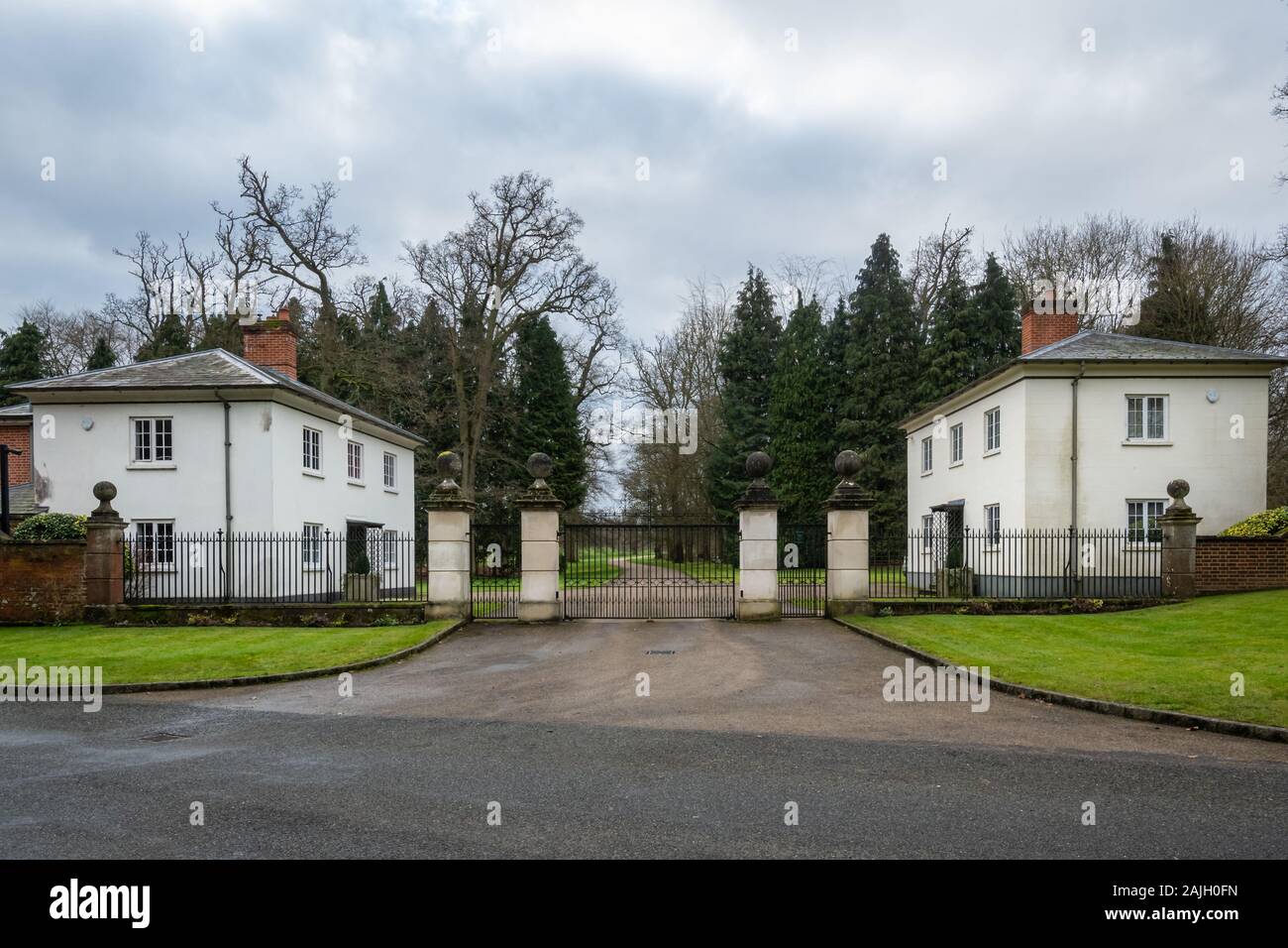 Entrance gates to Hackwood Park country estate with lodges, Hampshire