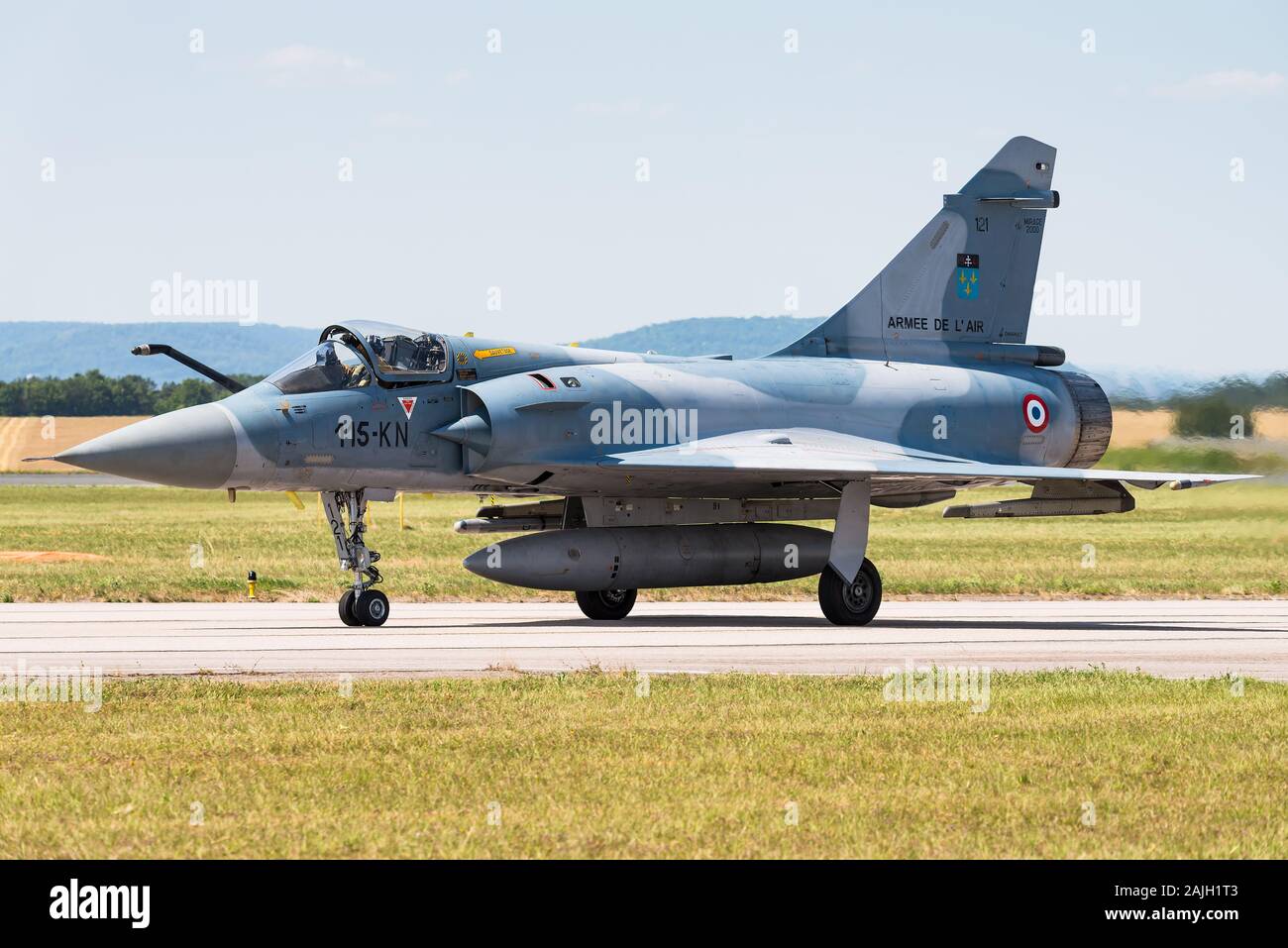 A Dassault Mirage 2000 fighter jet of the French Air Force. The Mirage 2000 is a French multirole, single-engine fourth-generation jet fighter. Stock Photo