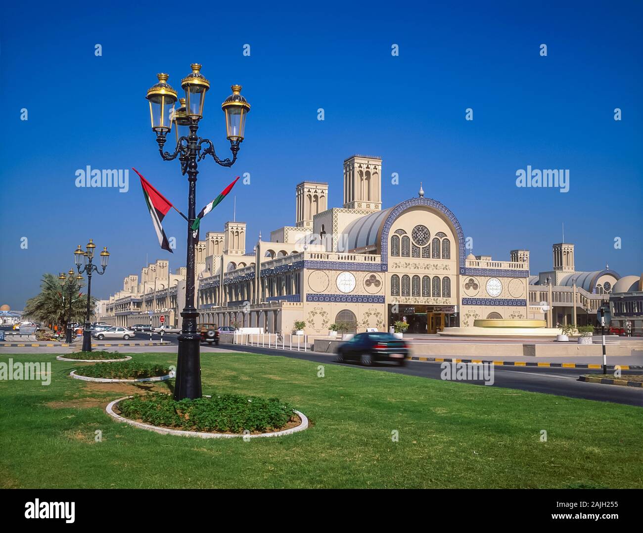 Sharjah. Colourful Sharjah at the New Suq covered market with its distinctive Arabian style wind towers Stock Photo