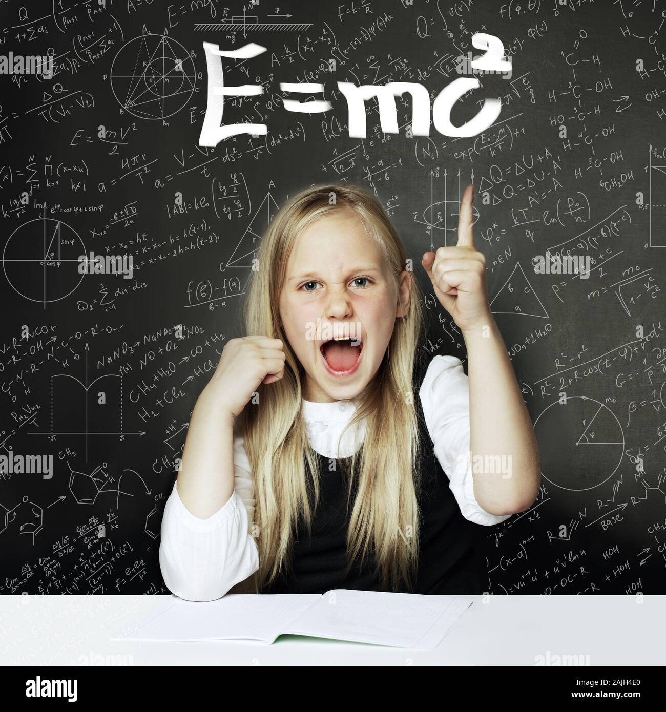 Student little girl and science background. child rejoices in