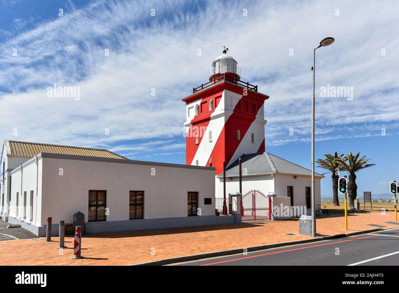 The Green Point Lighthouse in Mouille Point is the oldest operational lighthouse built in Cape Town (1824), South Africa Stock Photo