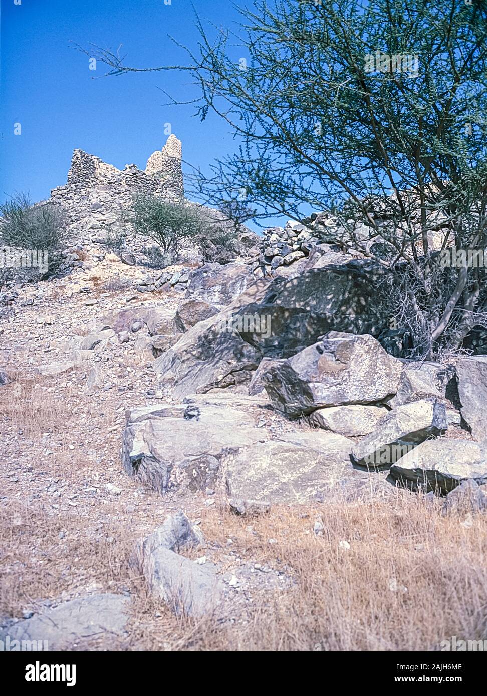 The abandoned ruins of Fujairah Fortress in the Emirate of Fujairah in the UAE located overlooking the Arabian Sea and Indian Ocean. The fort has since been renovated as a tourist attraction. Stock Photo