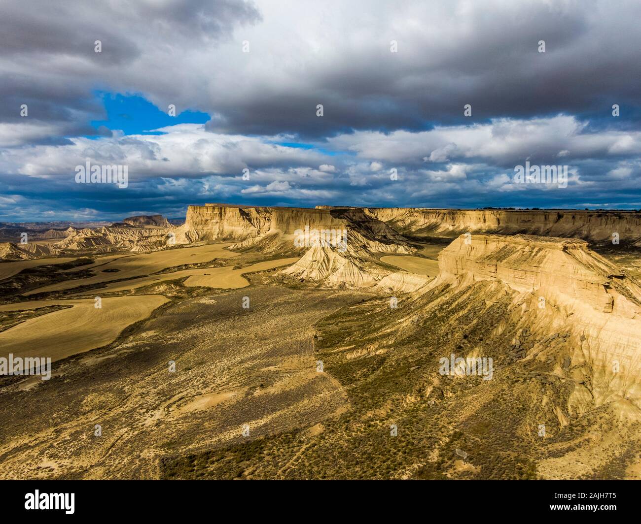 Aerial view of Bardenas Reales semi-desert natural region at sunset in Spain Stock Photo