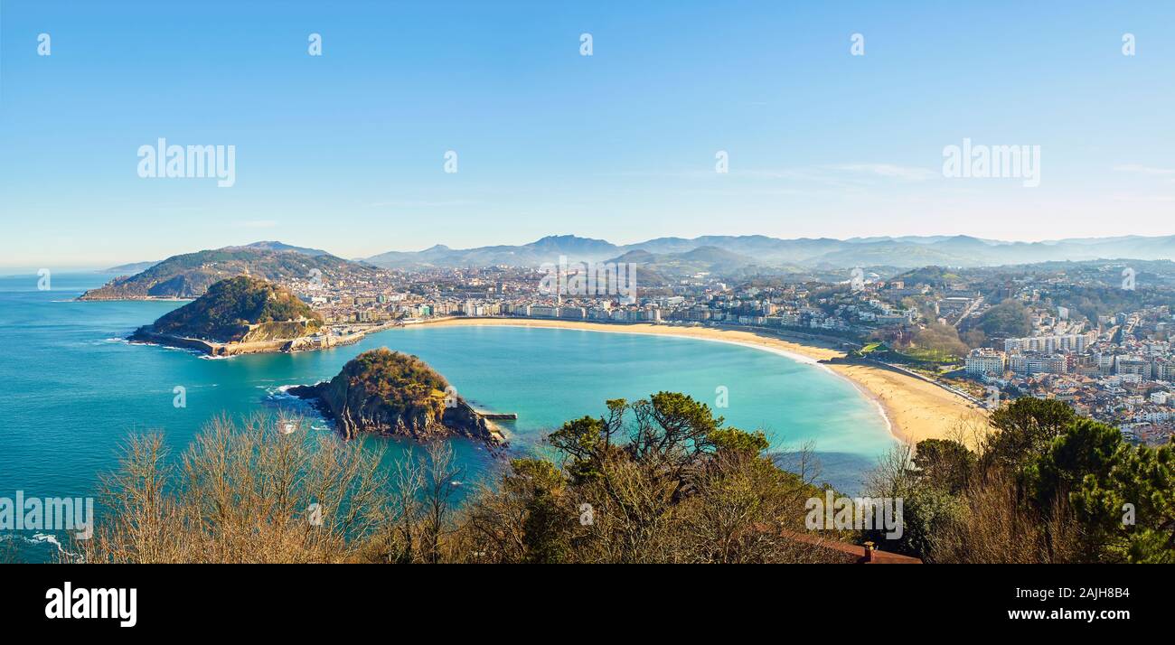 Panoramic view of the Concha Bay. Concha beach, Ondarreta beach and Santa Clara island from Monte Igueldo. San Sebastian, Basque Country, Spain. Stock Photo