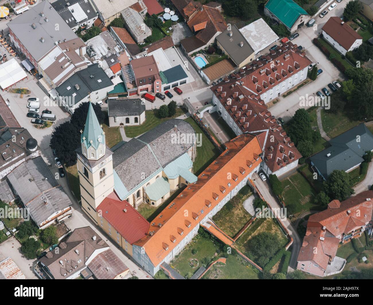 Aerial of Gothic Catholic Parish Church Rottenmann St. Nikolaus - Saint Nicholas - in Styria, Austria Stock Photo