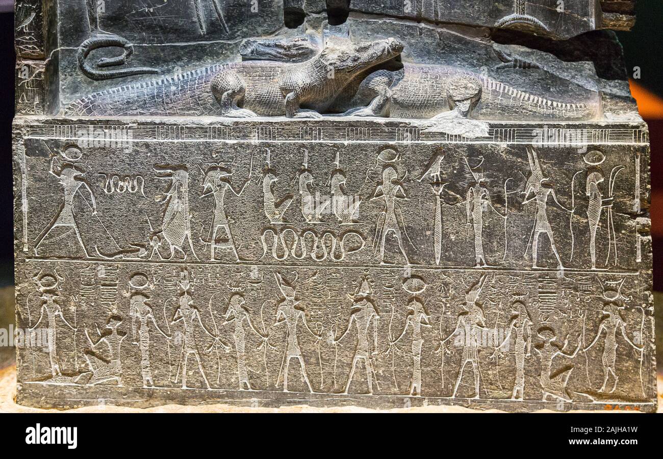 Photo taken during the opening visit of the exhibition “Osiris, Egypt's Sunken Mysteries”. Egypt, Cairo, Egyptian Museum, lower part of an Horus stela. Stock Photo