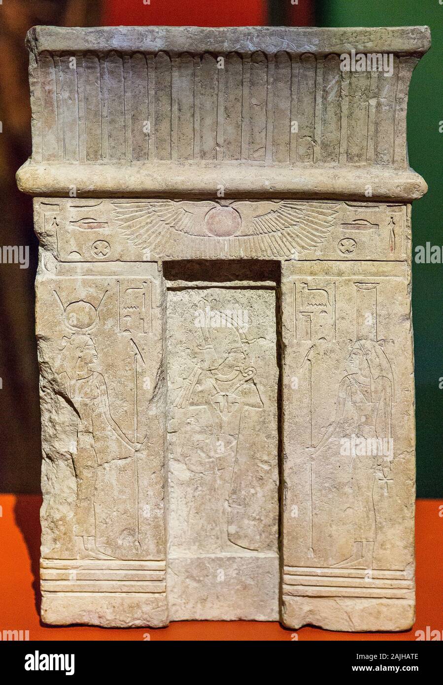 Photo taken during the opening visit of the exhibition “Osiris, Egypt's Sunken Mysteries”.  Stele in the form of a temple facade. Stock Photo