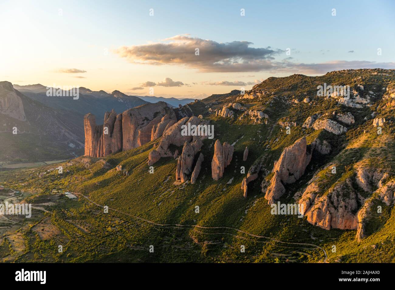 Mallos de Riglos, a set of conglomerate rock formations in Spain Stock Photo