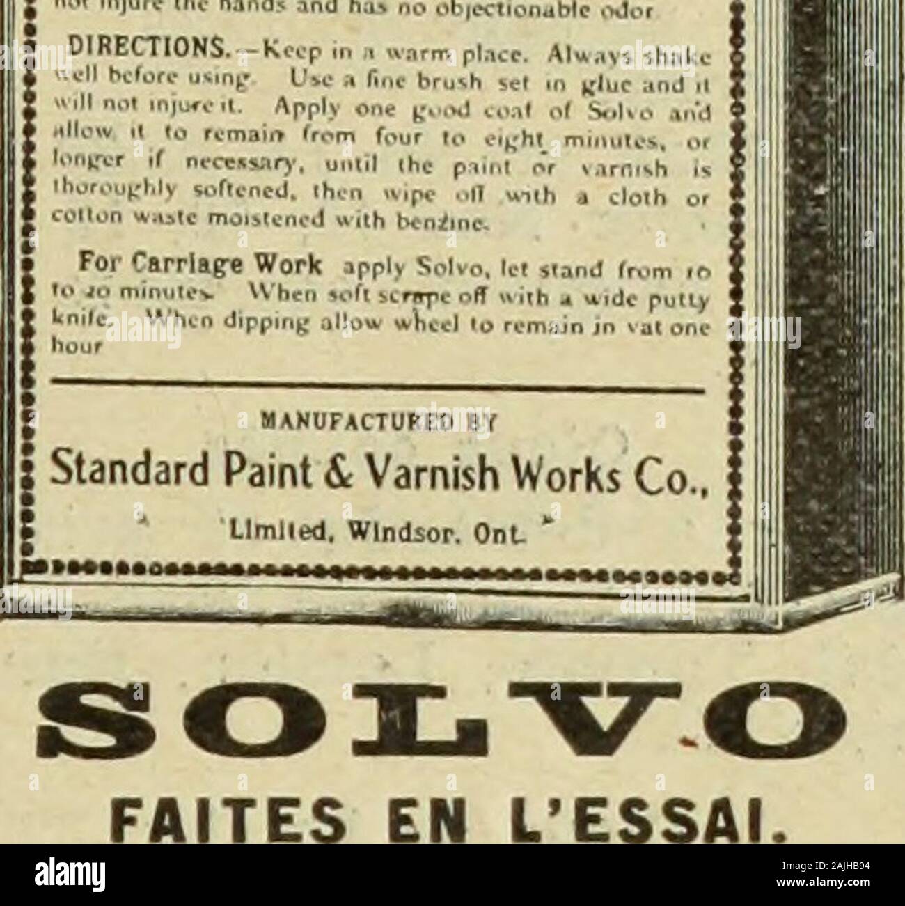 Le quincaillier (Juillet-Decembre 1905) . SOOILriT;^ I A Paint and Varnish Remover. The Quickest, the Host Convenient andthe Best Manufactured. SOLVO ill iilmmi mstanlly remove Piml Shdl.icF,.....&gt;.l .., Va.n.^h f(f.m Iron. MeUl. Eurih»r,u,,r,..^.|.,..,„ Wood, or aoj, painted or i-arnu.hed ,.ir(,nc ?M&gt;..,1 hiji t«uvcs ihc furfacv perfectly waootb nud m^ i5 iri|;(ii;il tiiirtliliiin. snJall rtrady (or refinUninf;. IlJ, ..v,i,:,„^ n,. WaiLT. Fusel Oil. Alb-ili of Atids, Doc&gt;. FAITES LESSAI. La meilleure preparation pour enlever le vernis et lapeinture. Ne d^colorera pas ni ne nuira au g Stock Photo