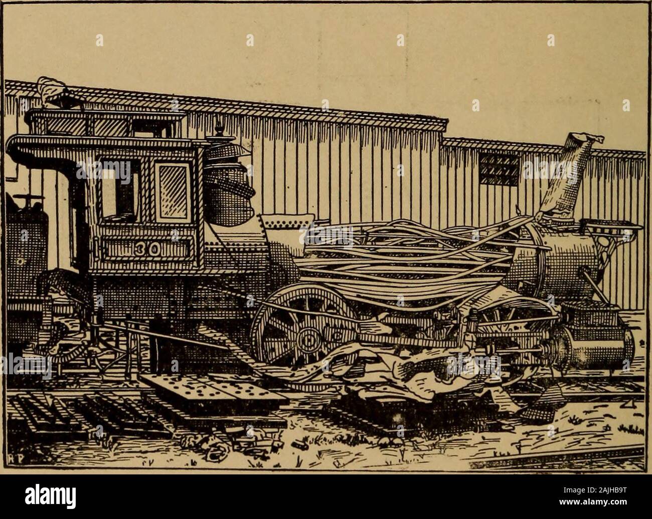 Steam boiler explosions, in theory and in pactice; . Fig. 40.—Interior of Boiler-House priorto Explosion. The terrible wreck usually consequent upon the ex-plosion of a locomotive boiler is well illustrated in the. Fig. 41.—Exploded Locomotive.accompanying engraving, which represents the result cfsuch an explosion on the Fitchburg railway, August 13, THE RESULTS OE EXPLOSIONS, 139 1877, while the havoc wrought among the tubes on suchan occasion is as strikingly illustrated in the next figure.In the case of an explosion of a locomotive investigatedby a commission of which the Author was a membe Stock Photo