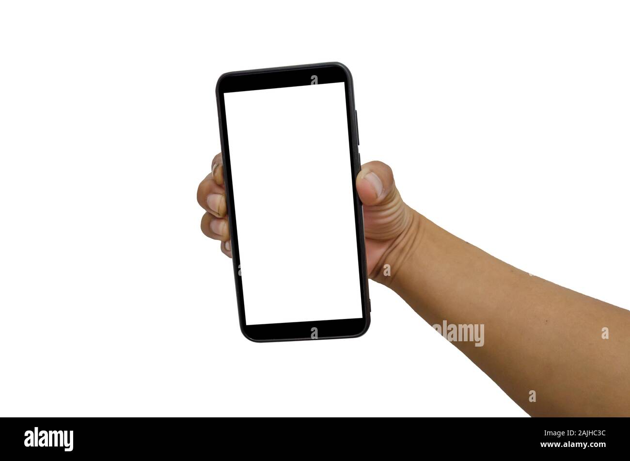 Hand holding martphone black with blank screen on the white background.Clipping path Stock Photo