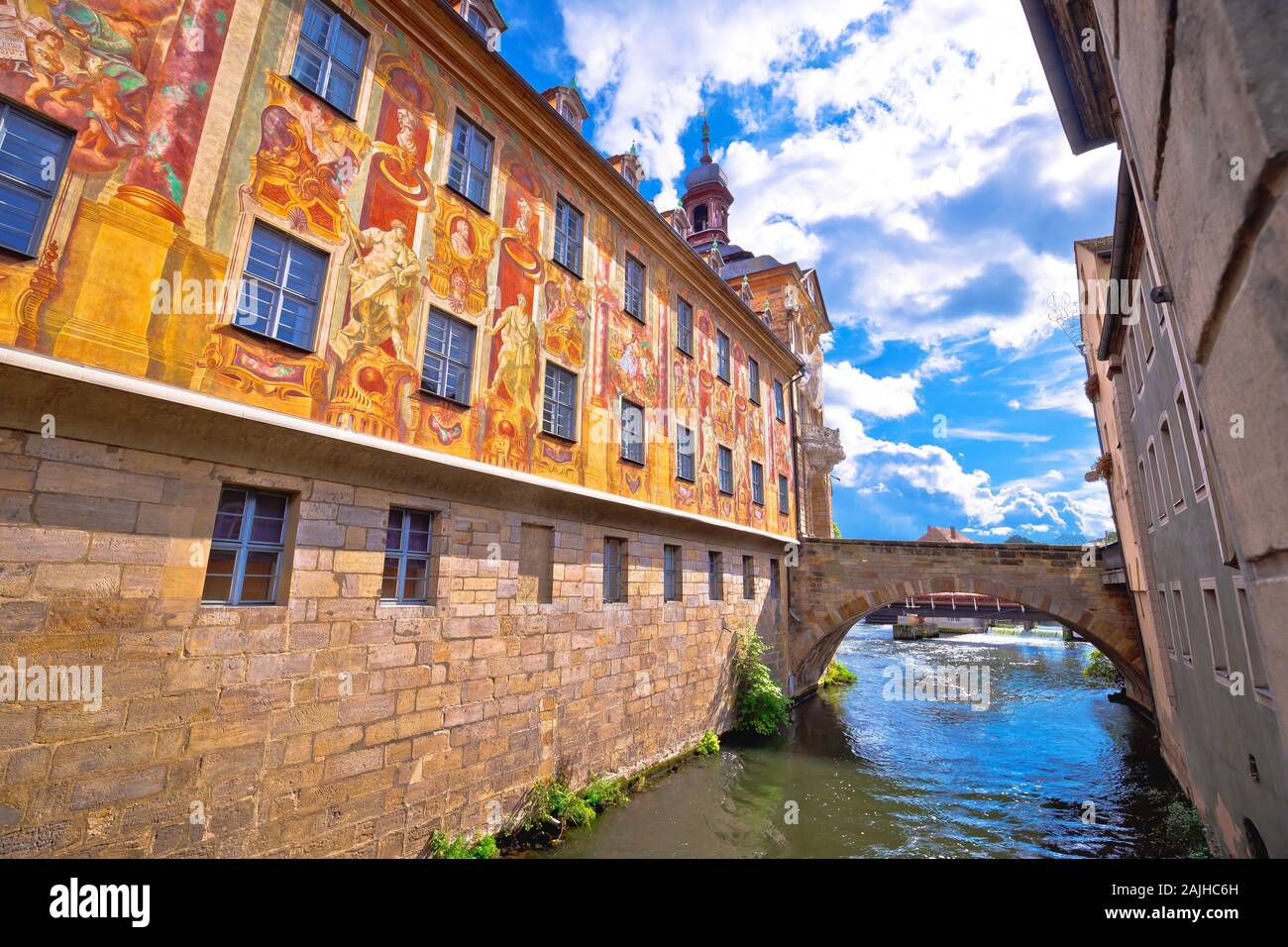 Bamberg. Scenic view of Old Town Hall of Bamberg (Altes Rathaus) with bridges over the Regnitz river, Upper Franconia, Bavaria region of Germany Stock Photo