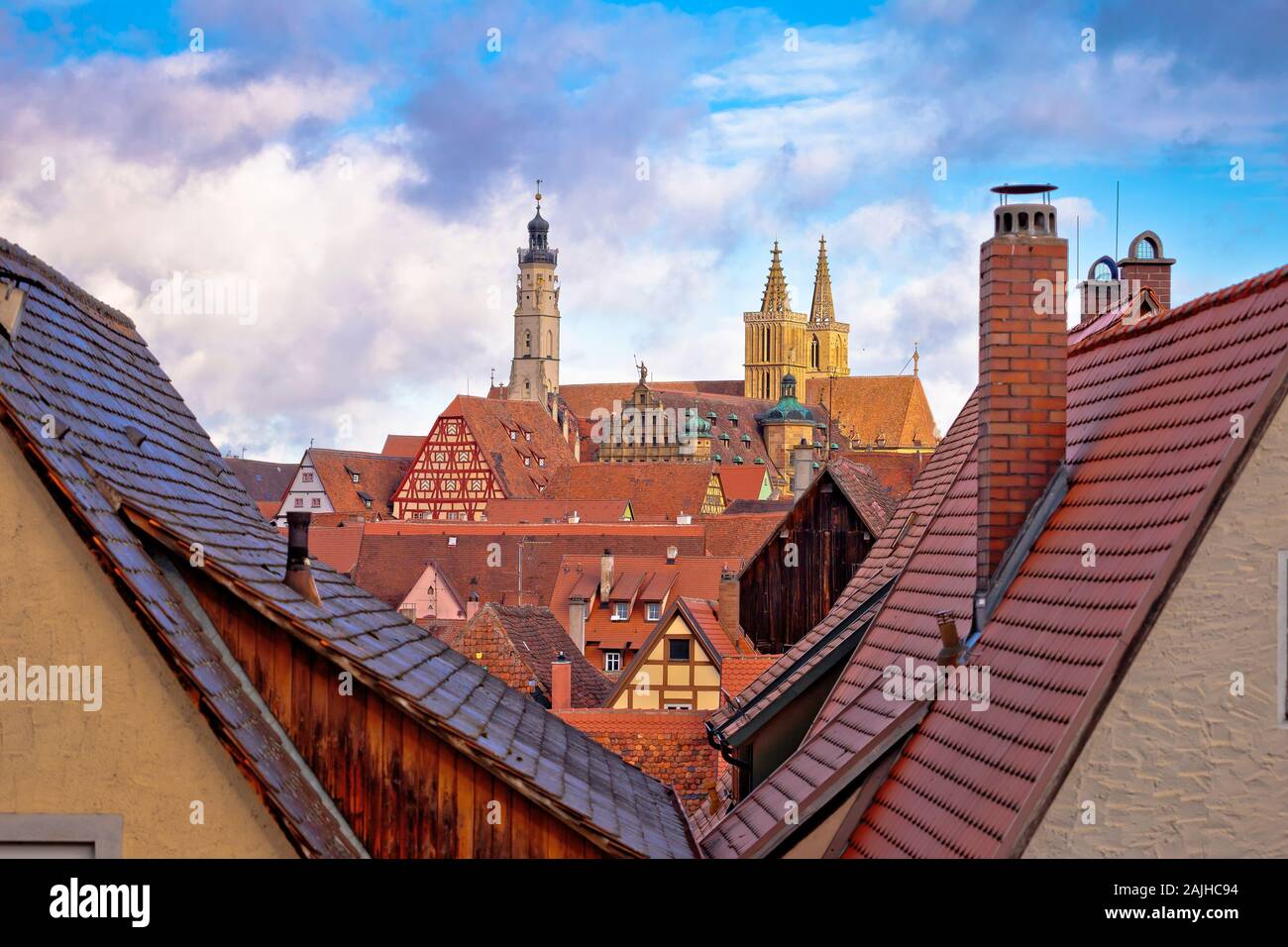 Rooftops and landmarks of historic town of Rothenburg ob der Tauber view, Romantic road of Bavaria region of Germany Stock Photo