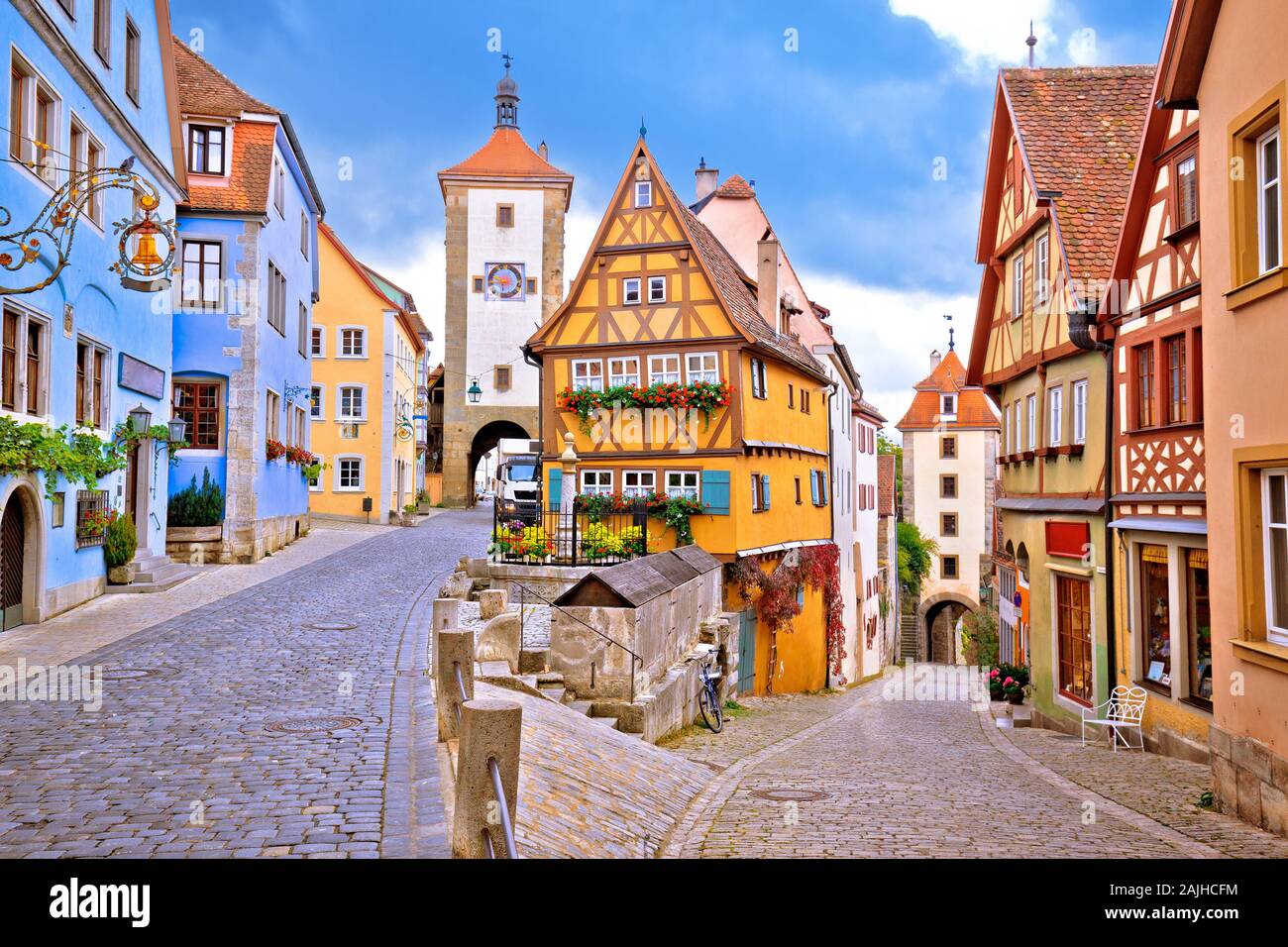 Cobbled street and architecture of historic town of Rothenburg ob der Tauber view, Romantic road of Bavaria region of Germany Stock Photo