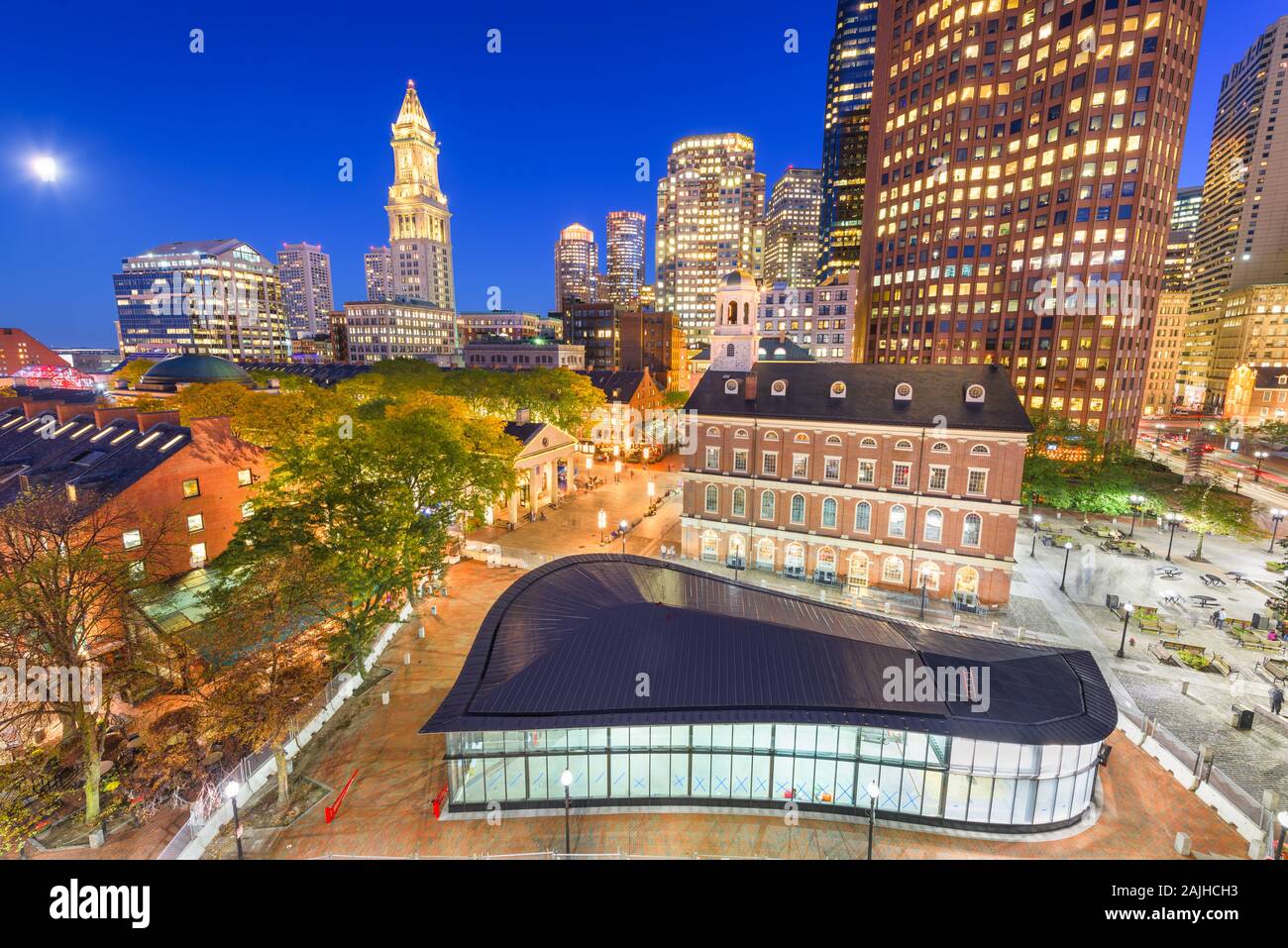 Boston, Massachusetts, USA skyline with Faneuil Hall and Quincy Market at night. Stock Photo