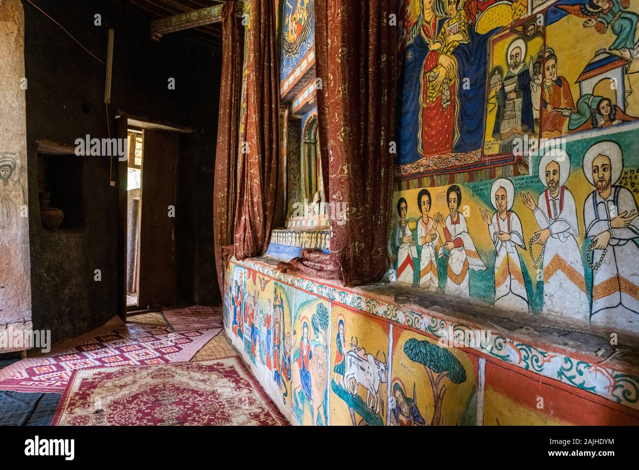 Religious murals decorating the wall of an Ethiopian Orthodox monastery ...