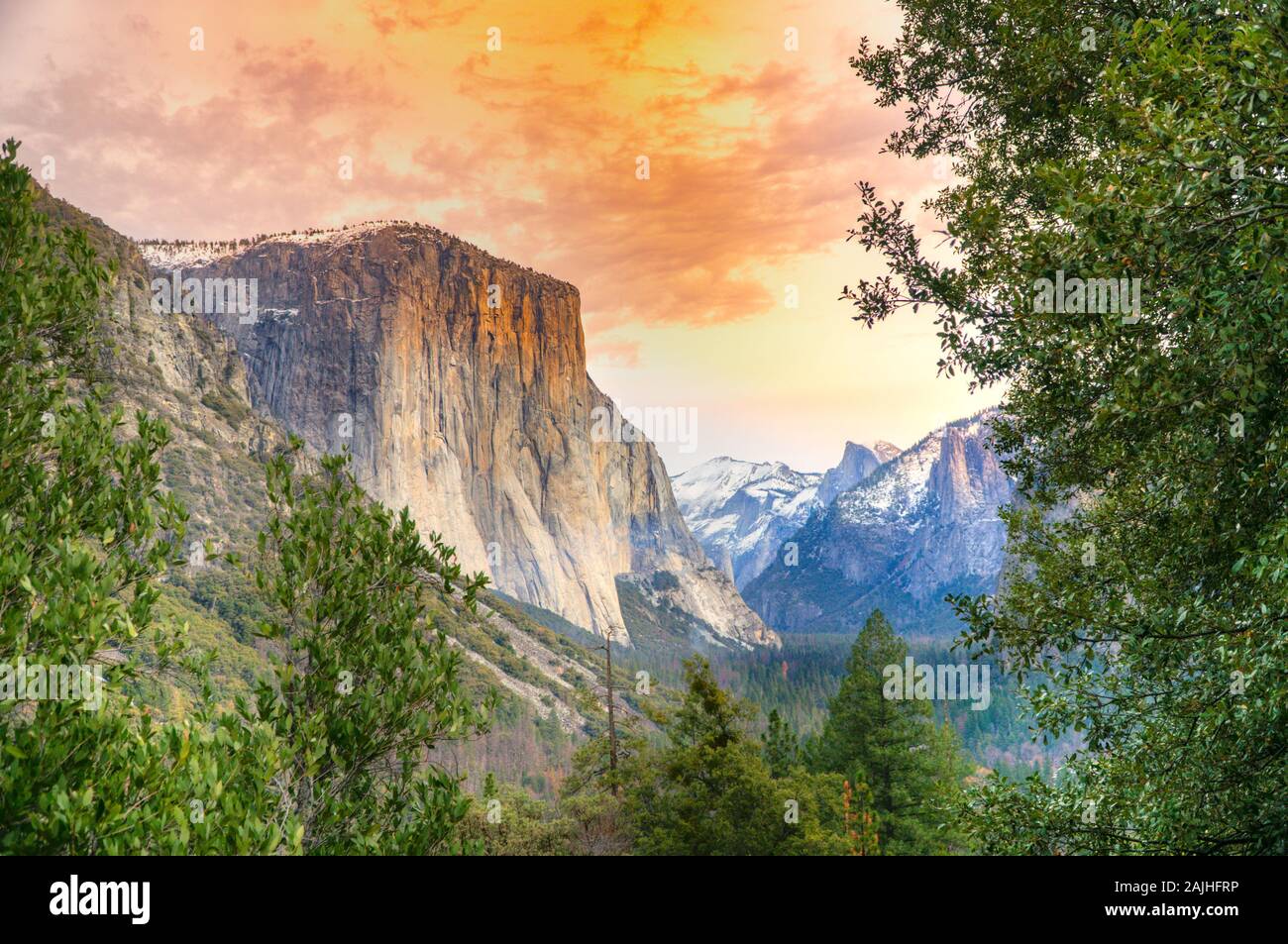 Yosemite National Park overlook at sunset. Panorama of El Captain, Half Dome and Horsetail Waterfall. California, United States. Stock Photo