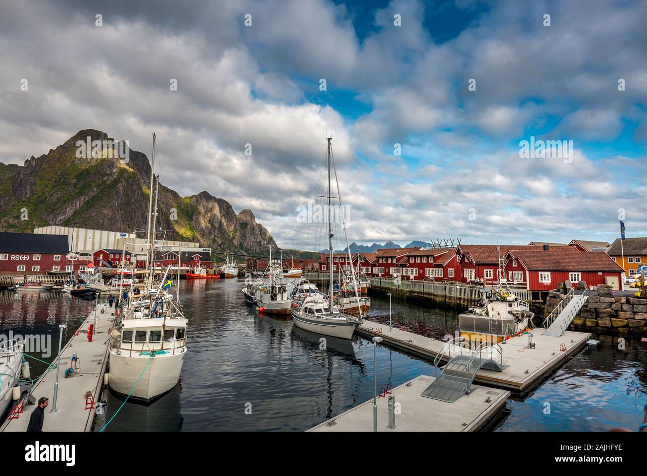 Sailing boats at Svolver is the administrative centre of Vagan Municipality in Nordland County, Norway. It is located on the island in the Lofoten arc Stock Photo