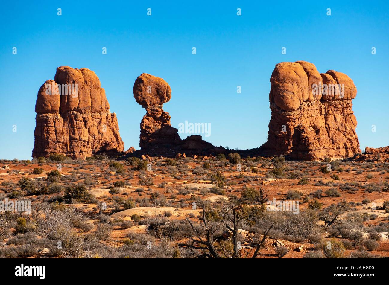 The Balanced Rock, famous orange rock formation near Arches National Park, Utah, USA. Stock Photo