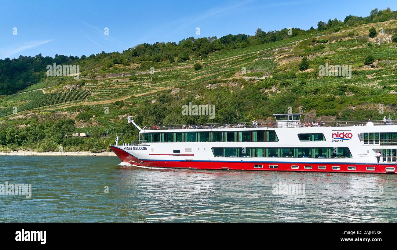 Vacationers travel down the Rhine River in Germany on a Niko luxury cruise  ship or long boat called the Rhein Melodie on fine summer day Stock Photo -  Alamy