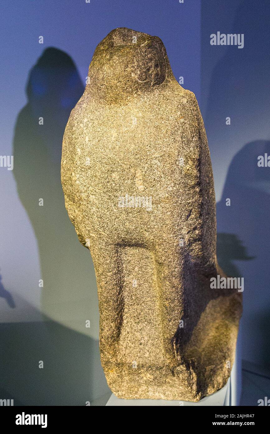 Photo taken during the opening visit of the exhibition “Osiris, Egypt's Sunken Mysteries”. Egypt, Alexandria, Maritime Museum, statue of the god Horus. Stock Photo