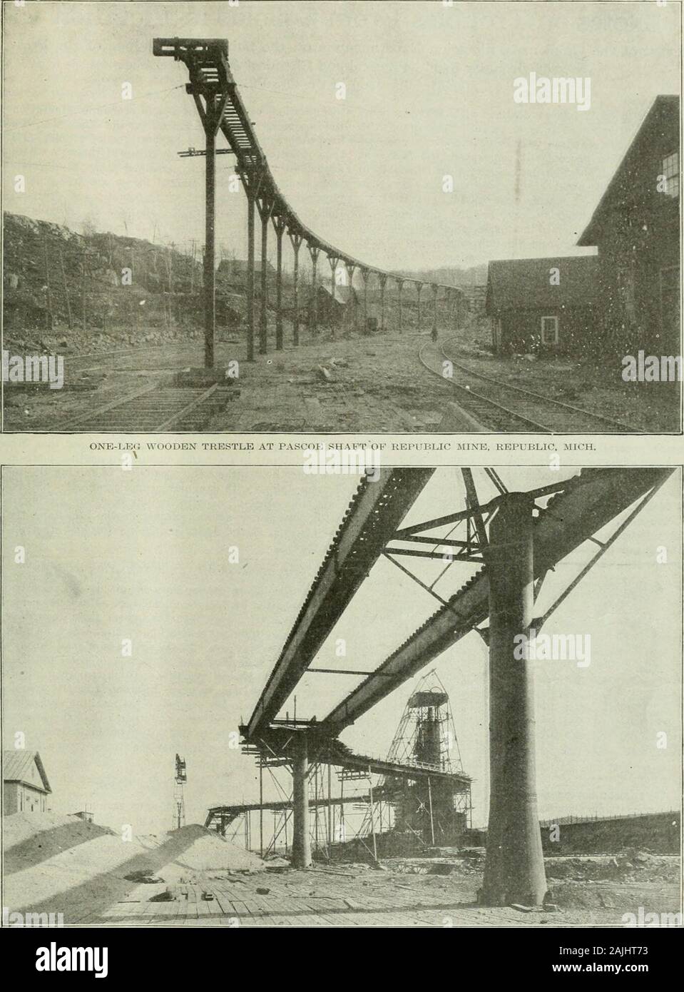 E/MJ : engineering and mining journal . TYPE OF TRESTLE AT MORRIS MINE. IN THE NORTH L.MvE DISTRICT OF THE MARQUETTE K.VNCili September 20, 1919 Engineering and Mining Journal 509. permanent stocking trestle at no. 3 SHAFT, NEGAUXEE MINE. XEGAlXEE. MICH.Piers are set at 114-ft. centers. Height to top of rail is 42 ft. iPhotOB (if thin saies arc hy Chilis Art Orillery, hhpcinino. Mich.) 510 Enginbeeing and Mining Journal Vol. 108, No. 12 Notes on Troubles From Colloids in Flotation Review of the Opinions of Flotation Experimenters on the Subject—Advantage of the Pres-ence of Granular Sand—Physi Stock Photo