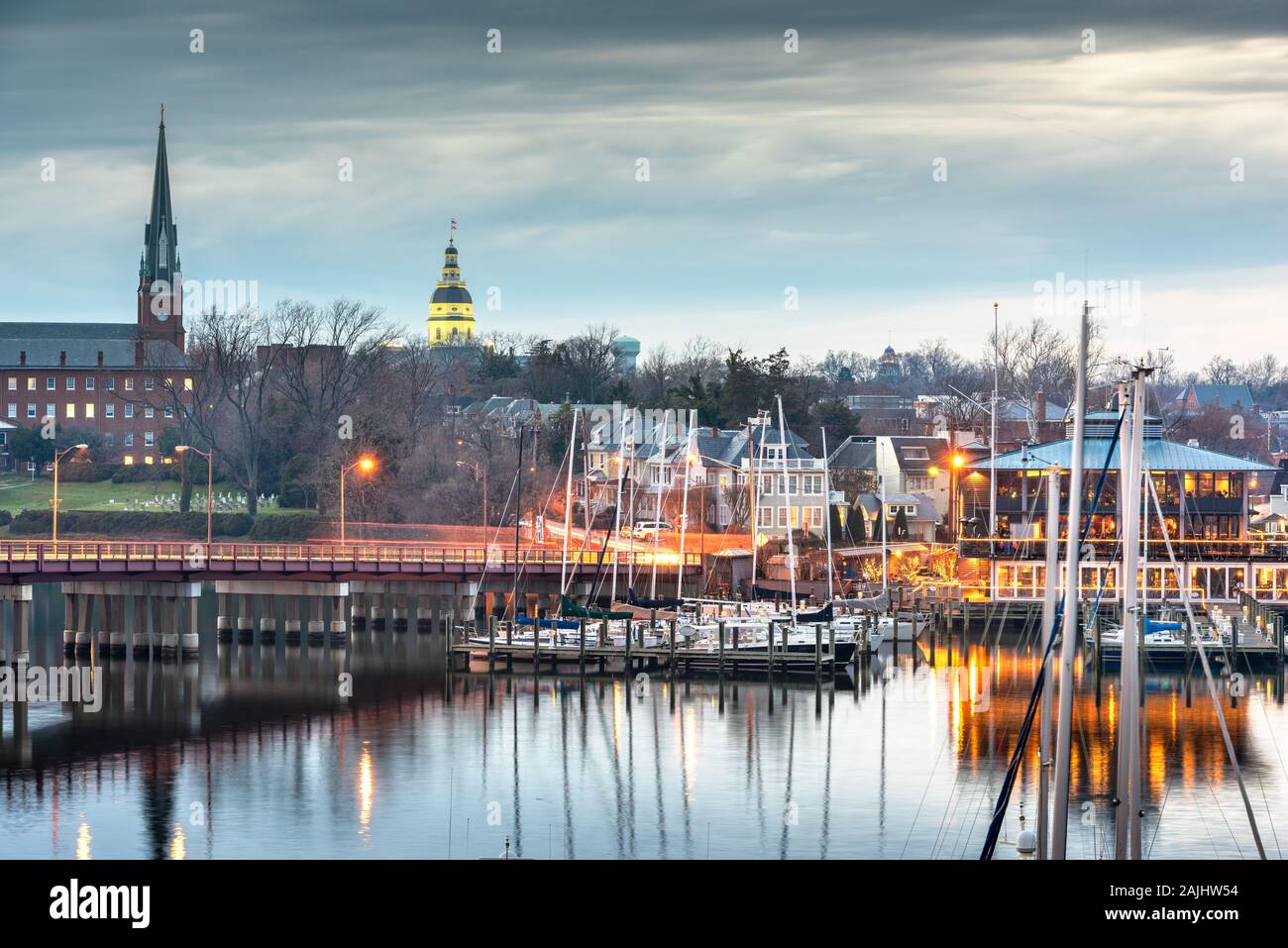 Annapolis, Maryland, USA State House and St. Mary's Church viewed over