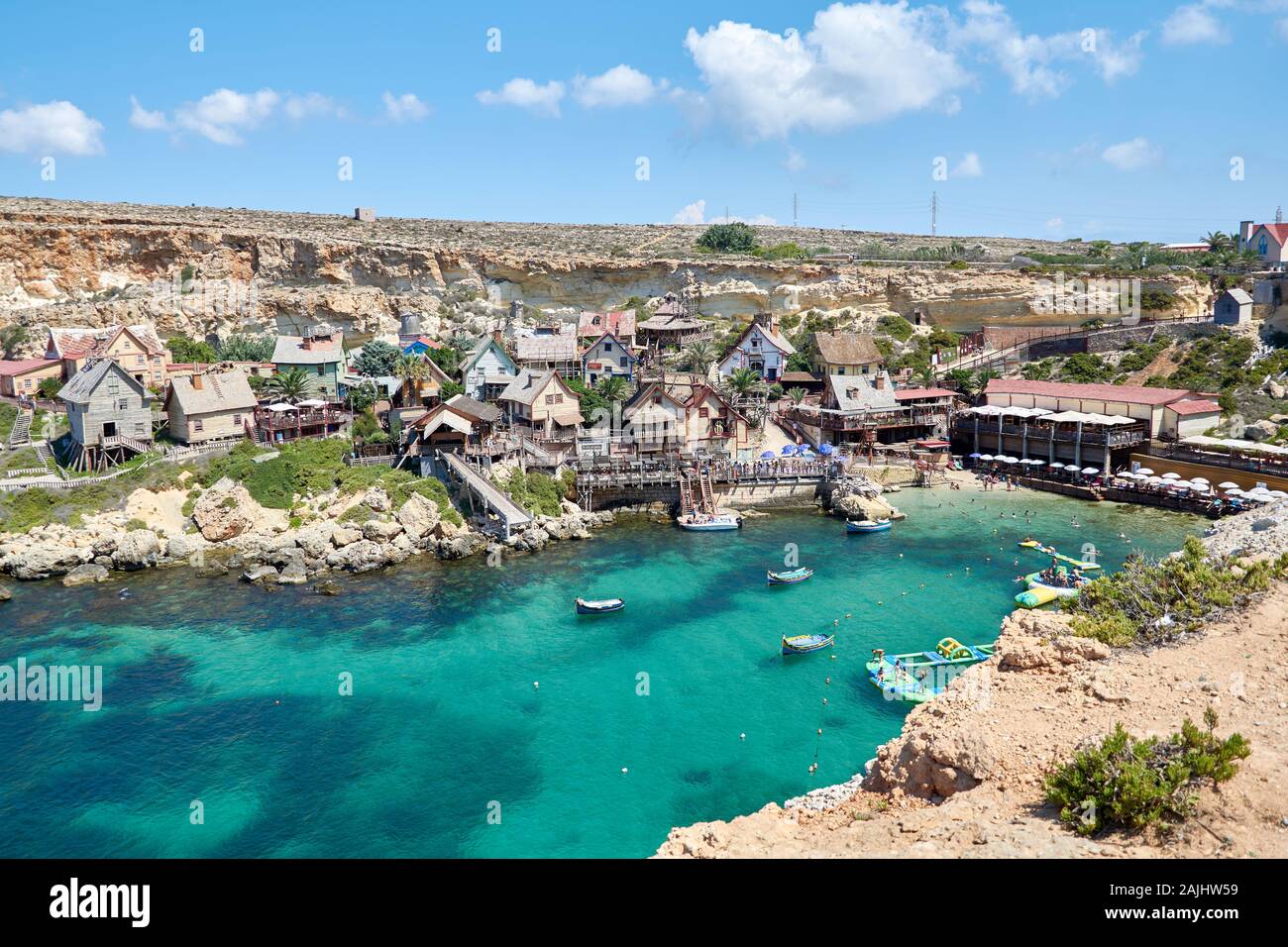 Mellieha, Malta - August 25, 2018: View over famous Popeye village in Il-Mellieha, Malta Stock Photo