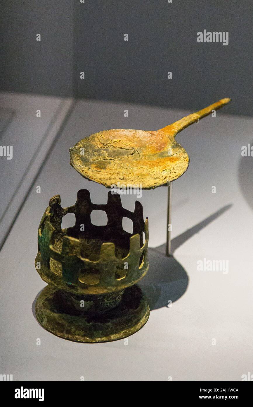 Photo taken during the opening visit of the exhibition “Osiris, Egypt's Sunken Mysteries”. Incense burner and spoon. Stock Photo