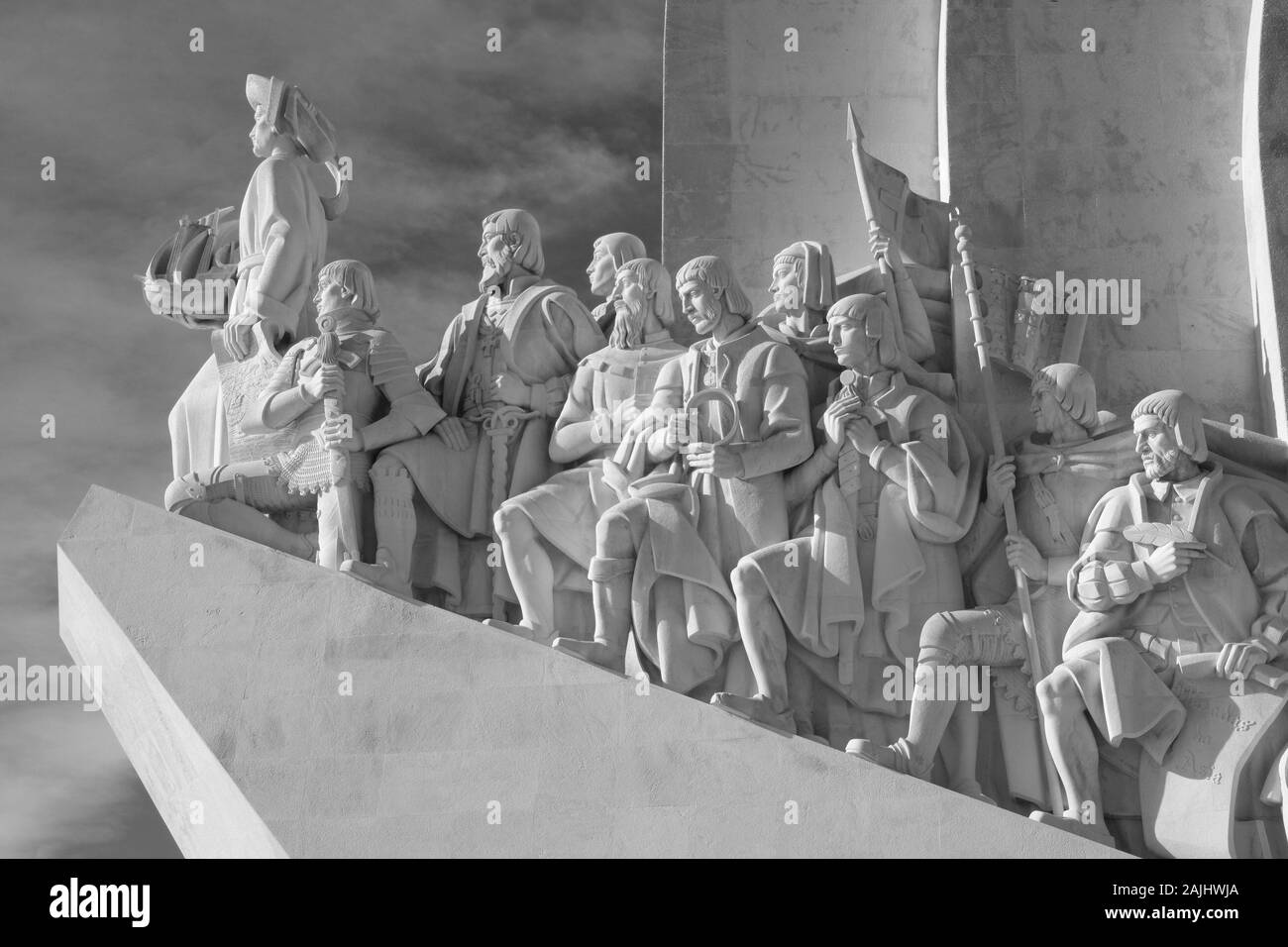Monument to the Discoveries of the New World, Henry the Navigator, Discovery, History, Exploring, Stone Sculpture, Figures, Stone, Belem, Portugal. Stock Photo