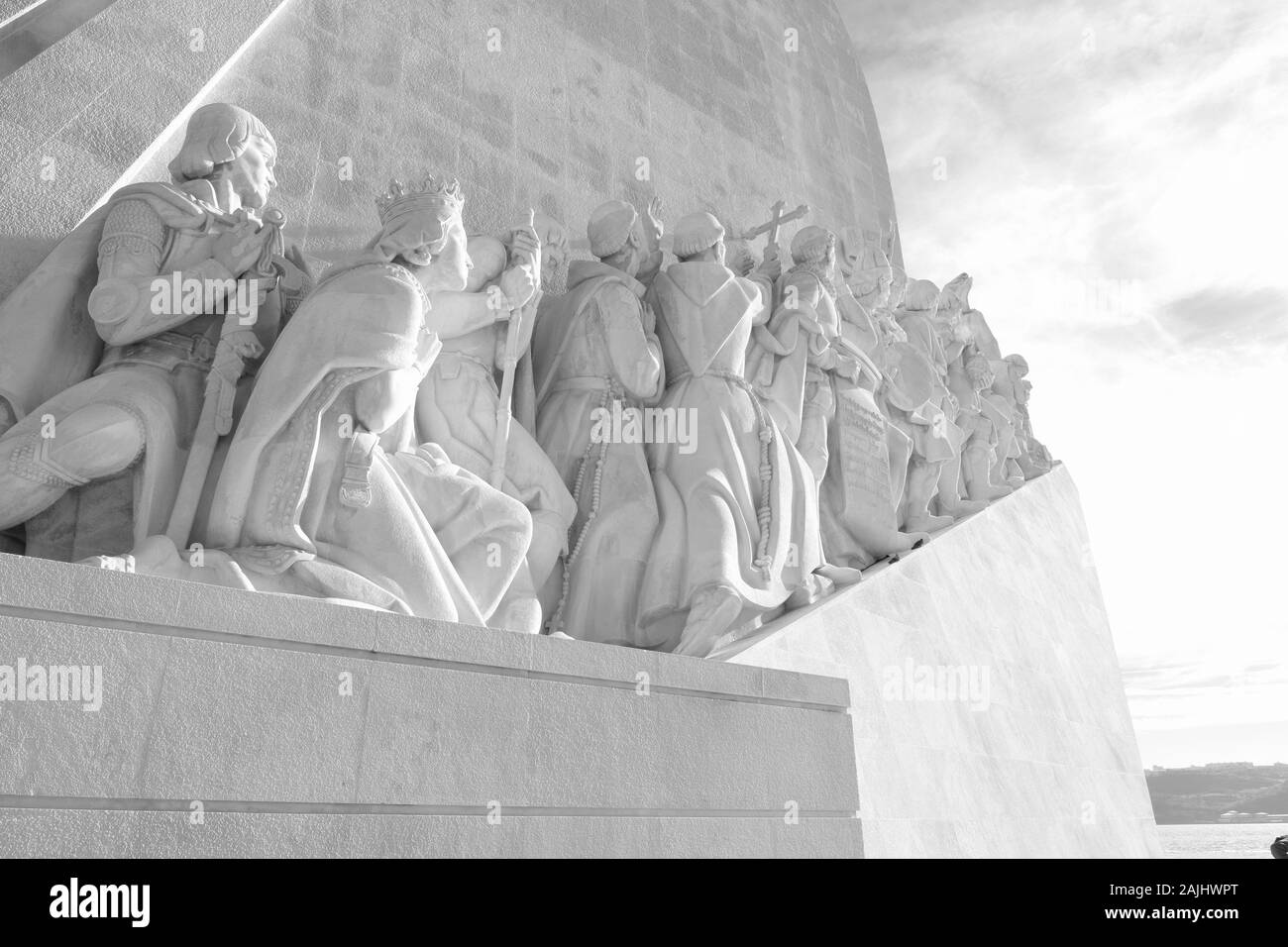 Monument to the Discoveries of the New World, Henry the Navigator, Discovery, History, Exploring, Stone Sculpture, Figures, Stone, Belem, Portugal. Stock Photo