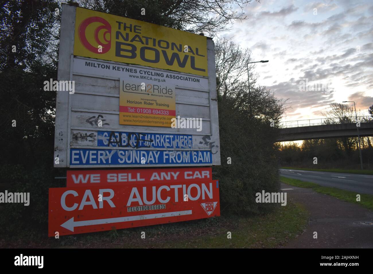 Sign at the entrance to the National Bowl, Milton Keynes Stock Photo