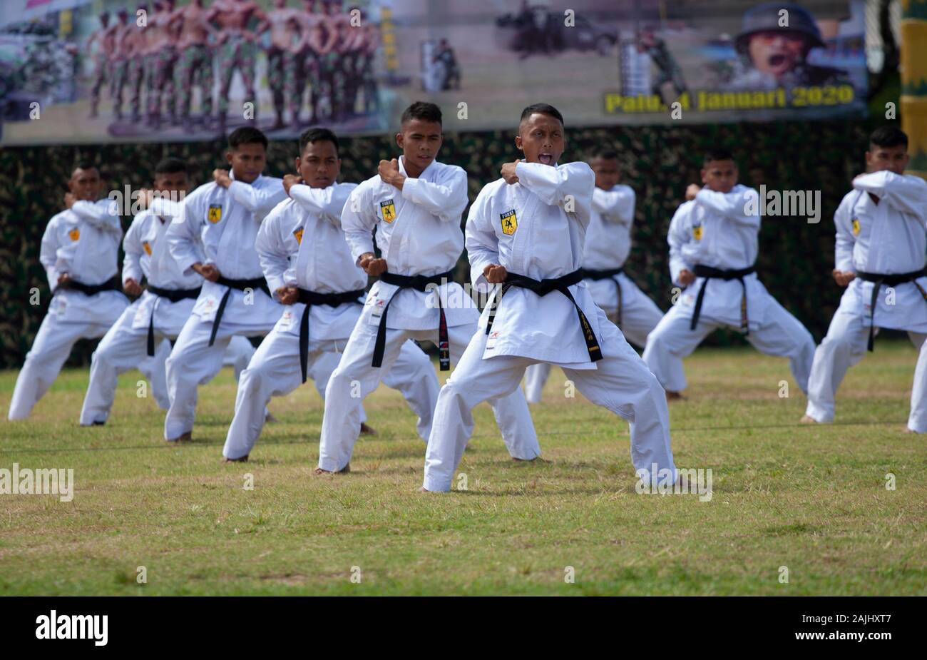 Soldiers train martial arts during the ceremony in Palu City.Soldiers