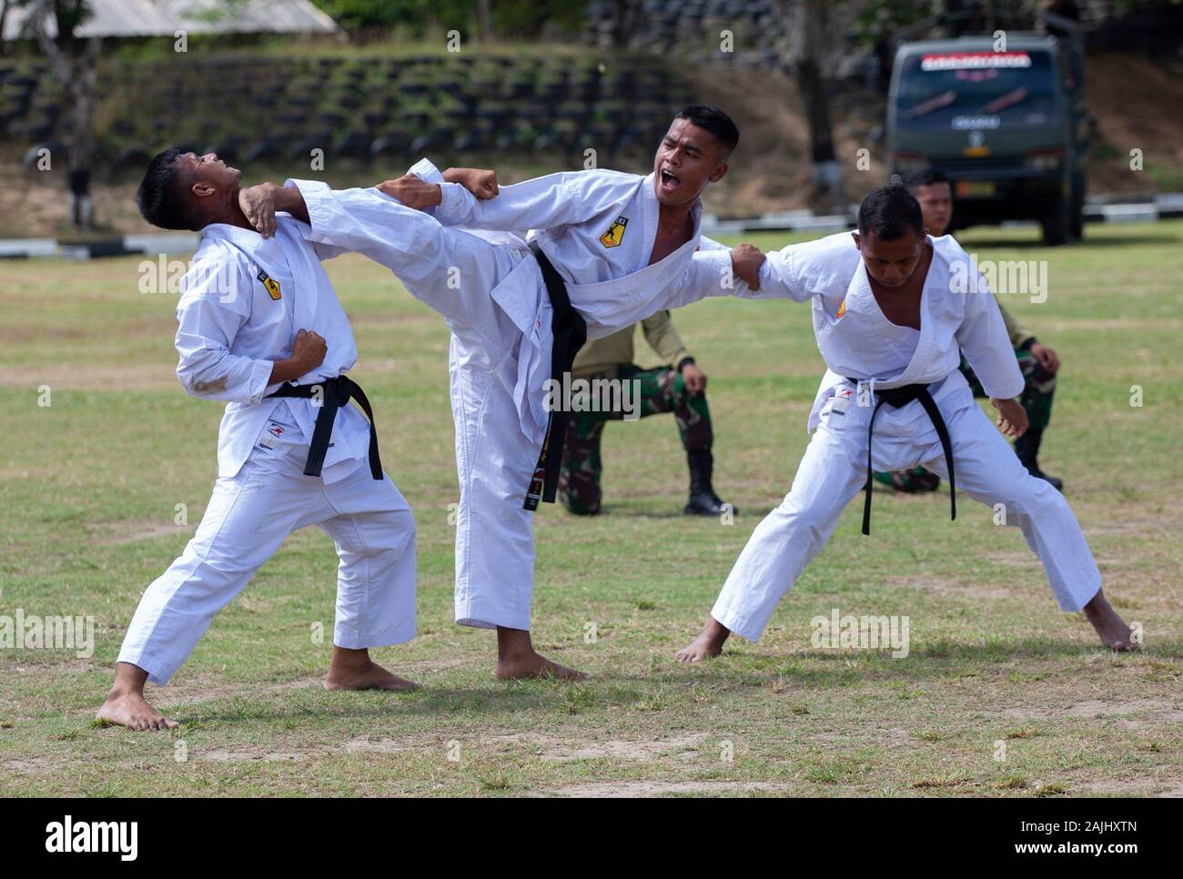 Soldiers train martial arts during the ceremony in Palu City.Soldiers