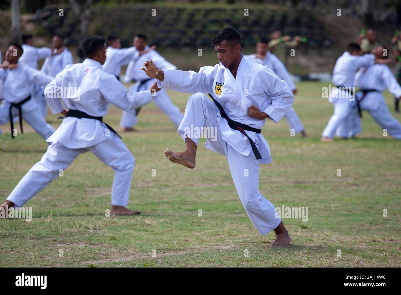 Soldiers train martial arts during the ceremony in Palu City.Soldiers